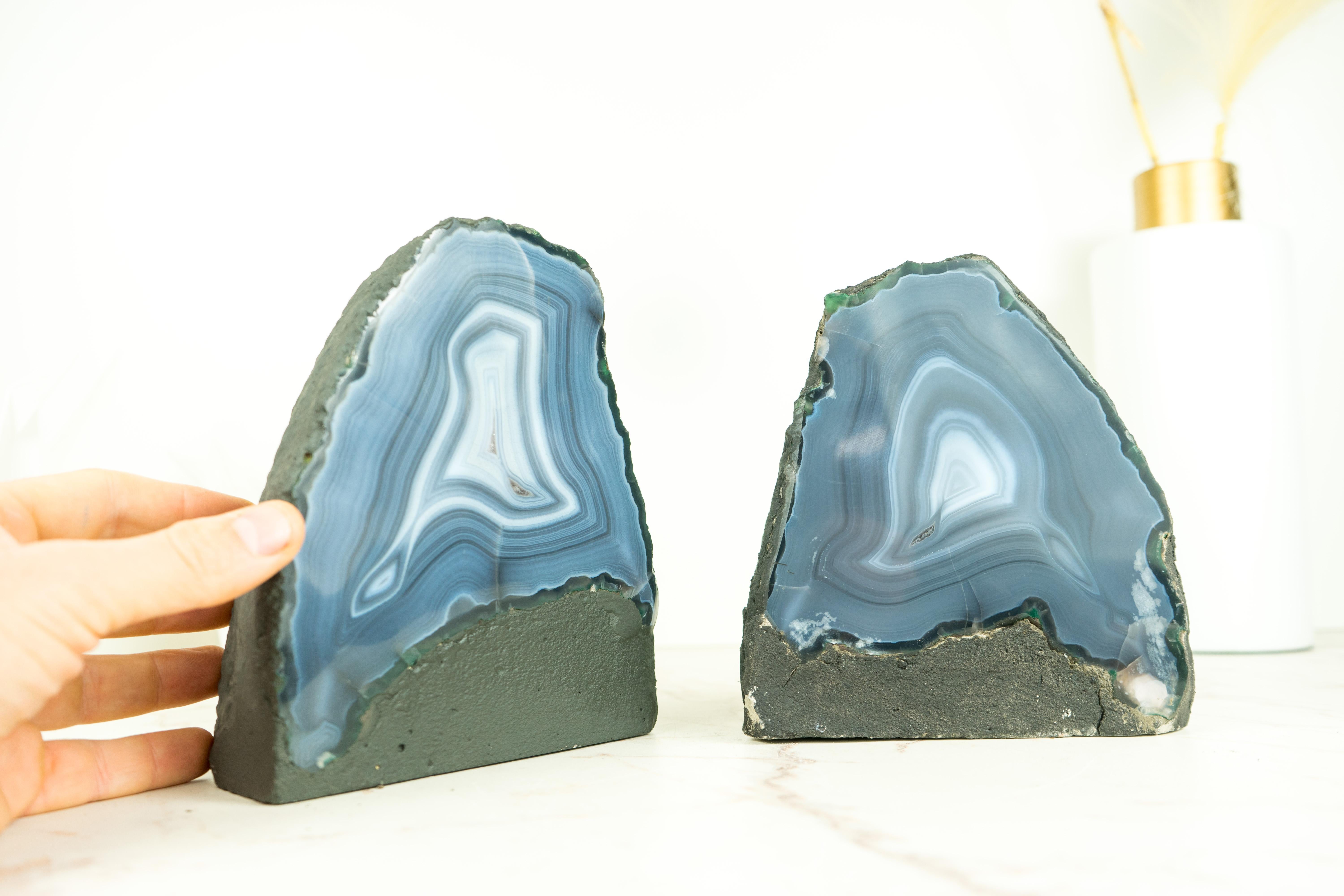 Crystal Pair of Natural Blue Lace Agate Geodes with White and Blue Agate Laces For Sale