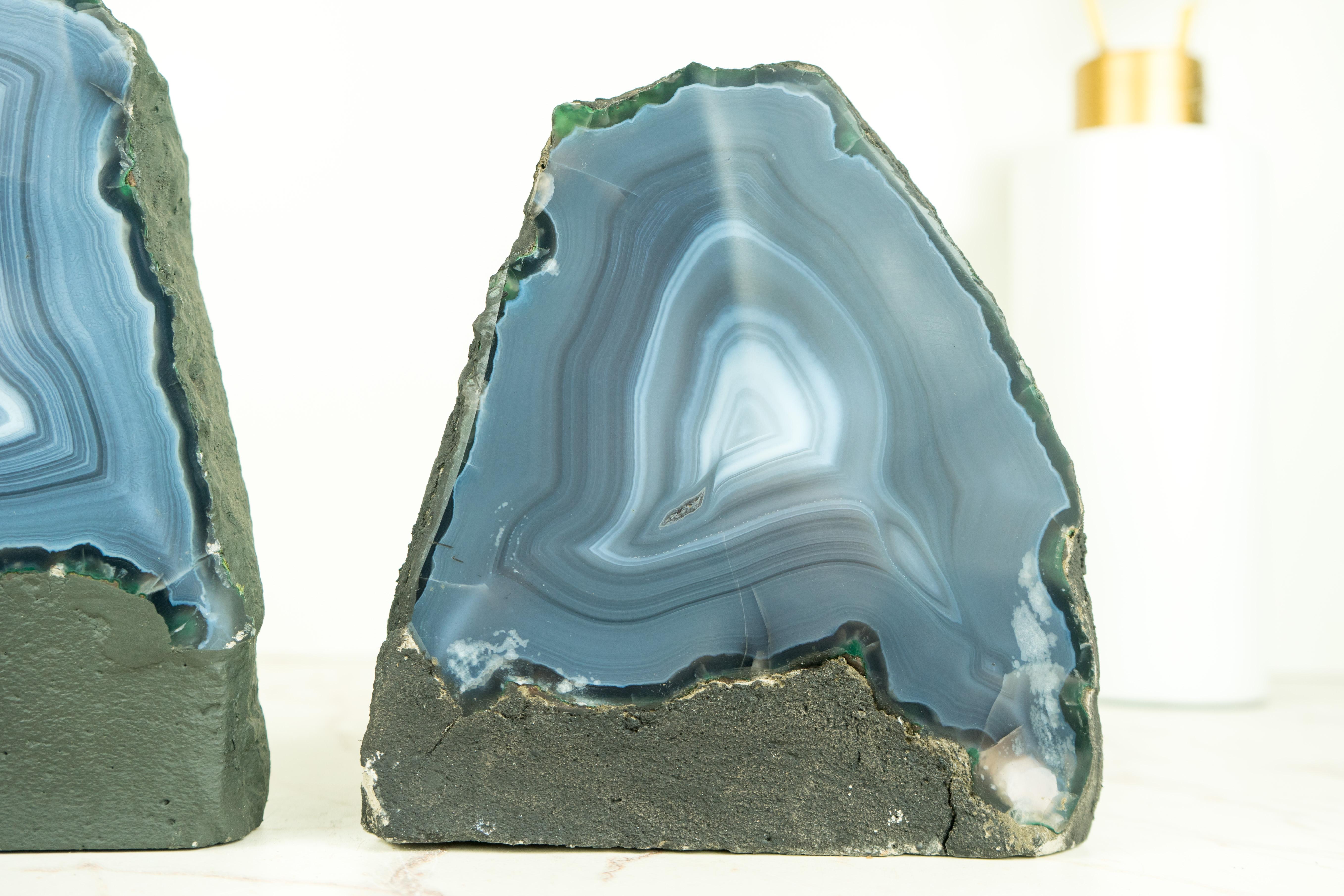 Pair of Natural Blue Lace Agate Geodes with White and Blue Agate Laces For Sale 2