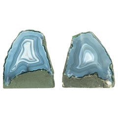 Pair of Natural Blue Lace Agate Geodes with White and Blue Agate Laces