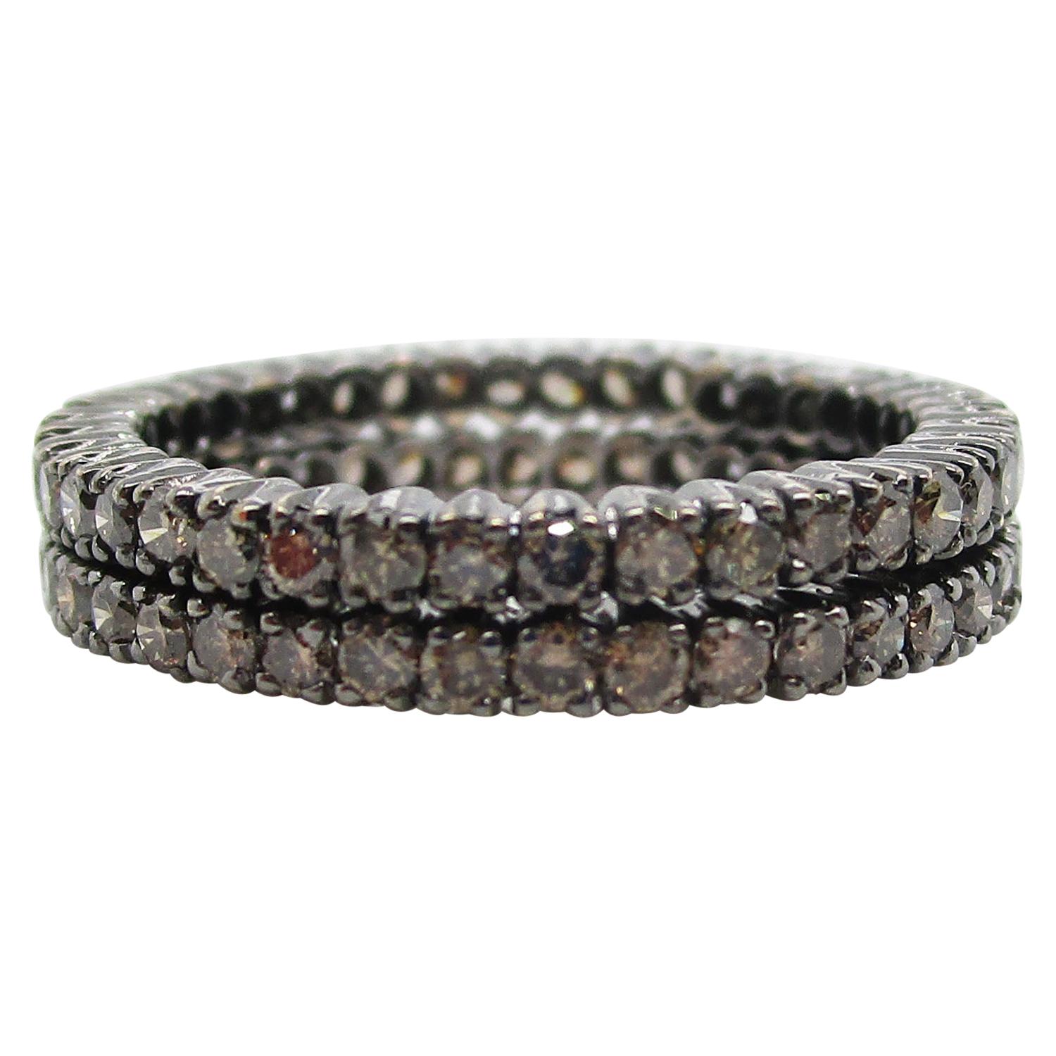 Pair of Natural Brown Diamond 14 Karat Black Rhodium Eternity Bands For Sale