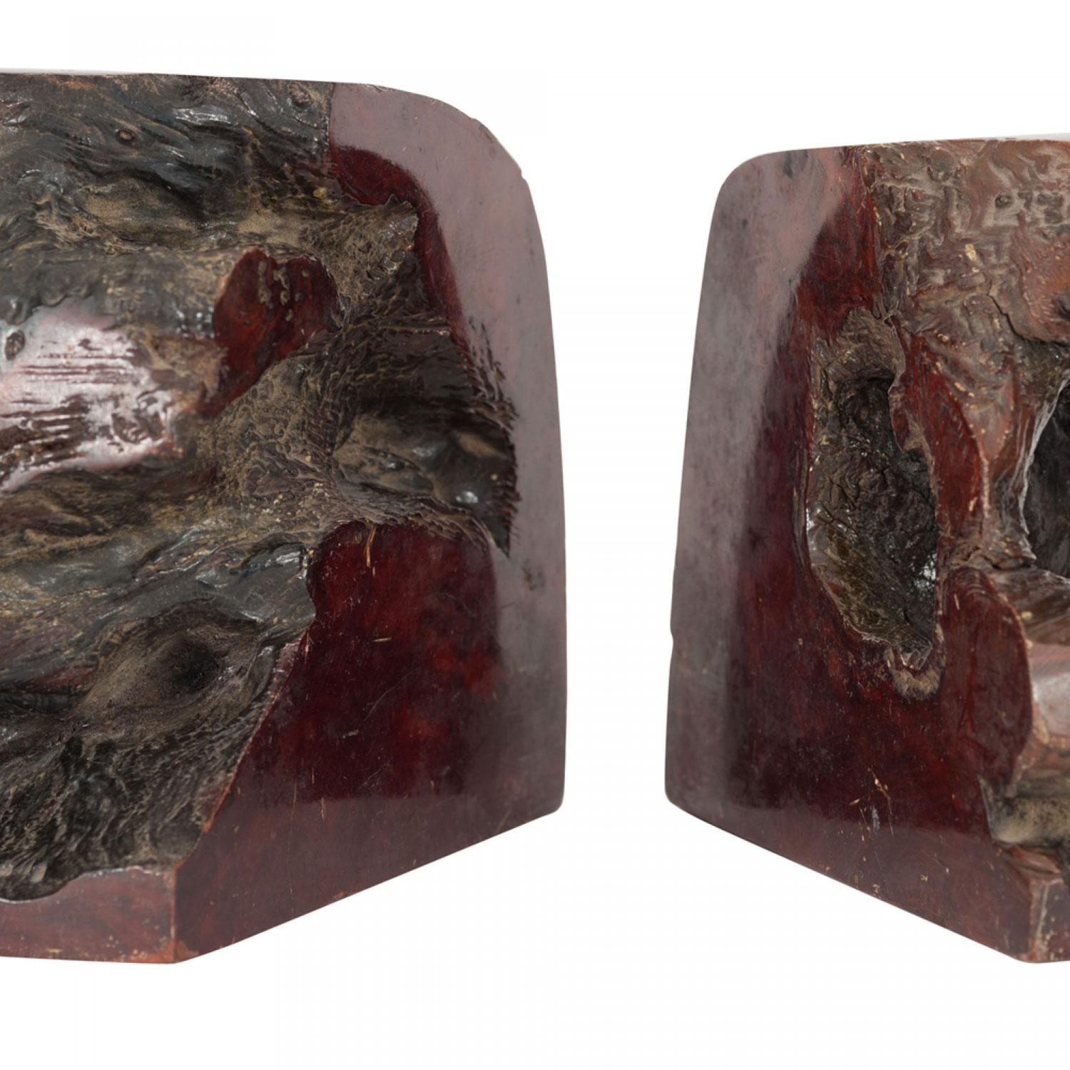 Par de Sujetalibros de Madera de Burl Natural Estadounidense en venta