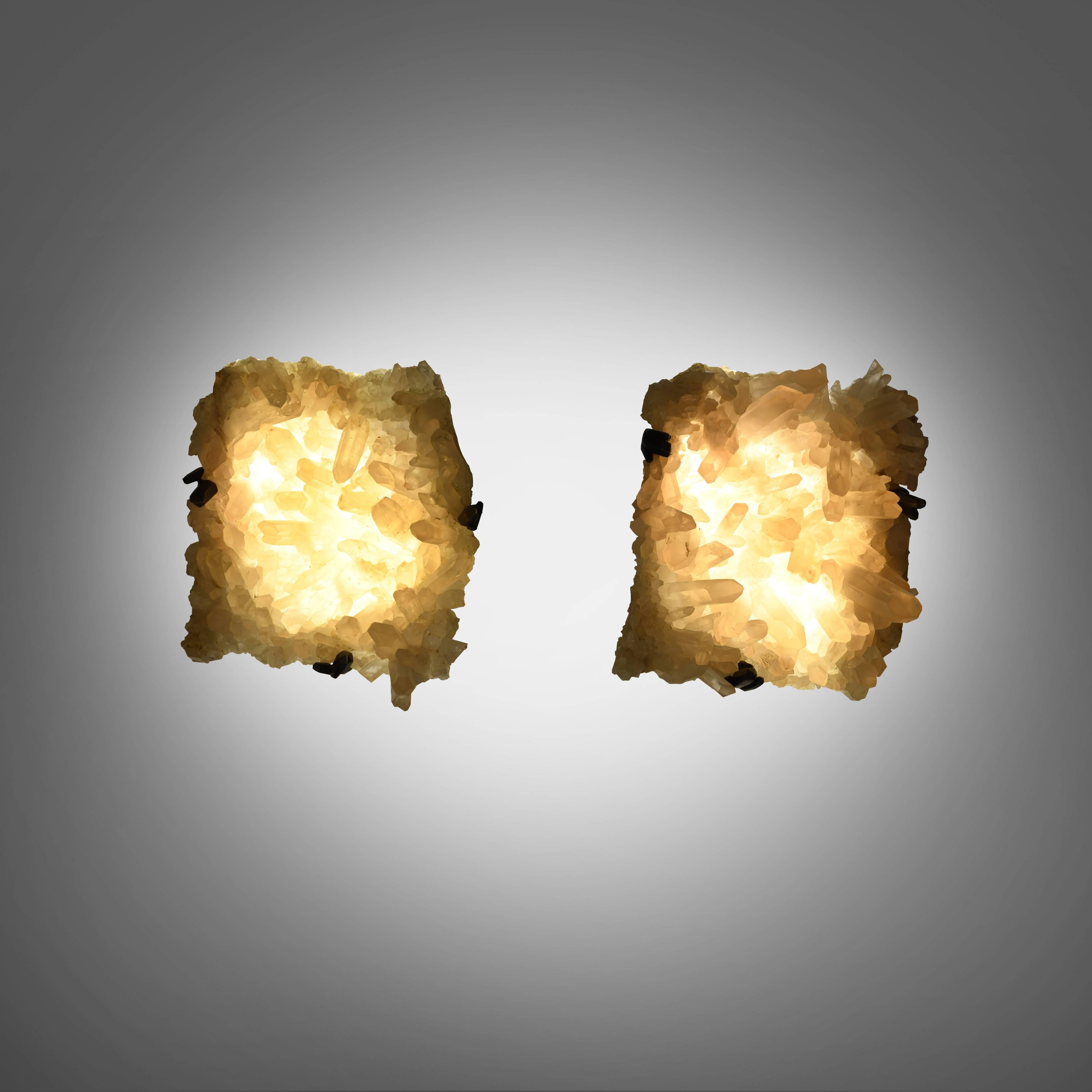 Contemporary Pair of Natural Clusters Rock Crystal Sconces by Phoenix