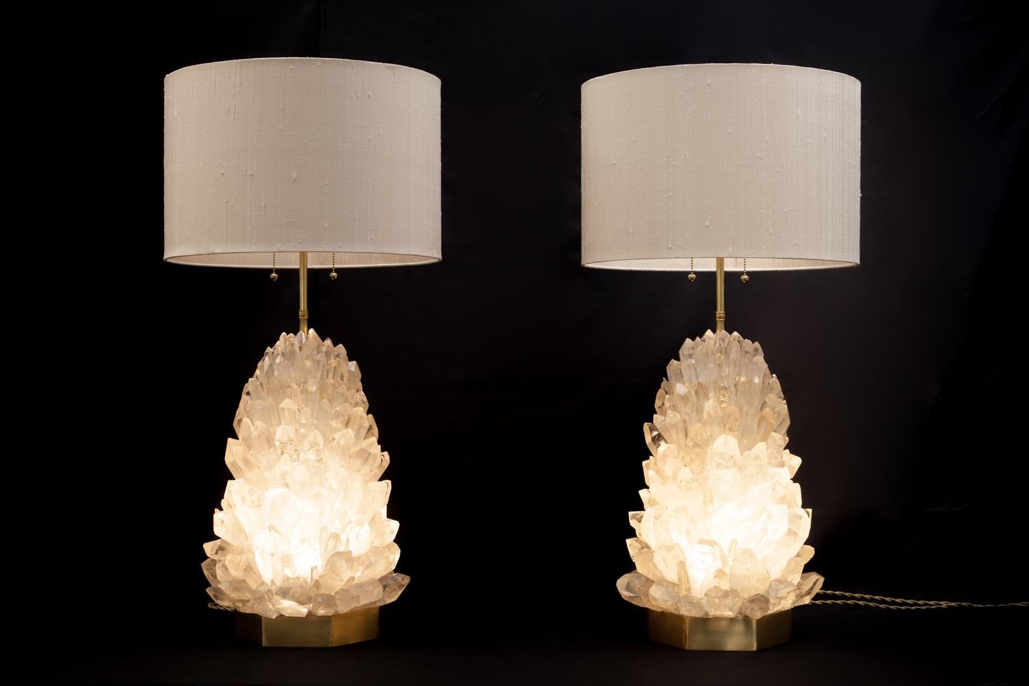 Brazilian Pair of Natural Crystal Table Lamps, Signed by Demian Quincke For Sale