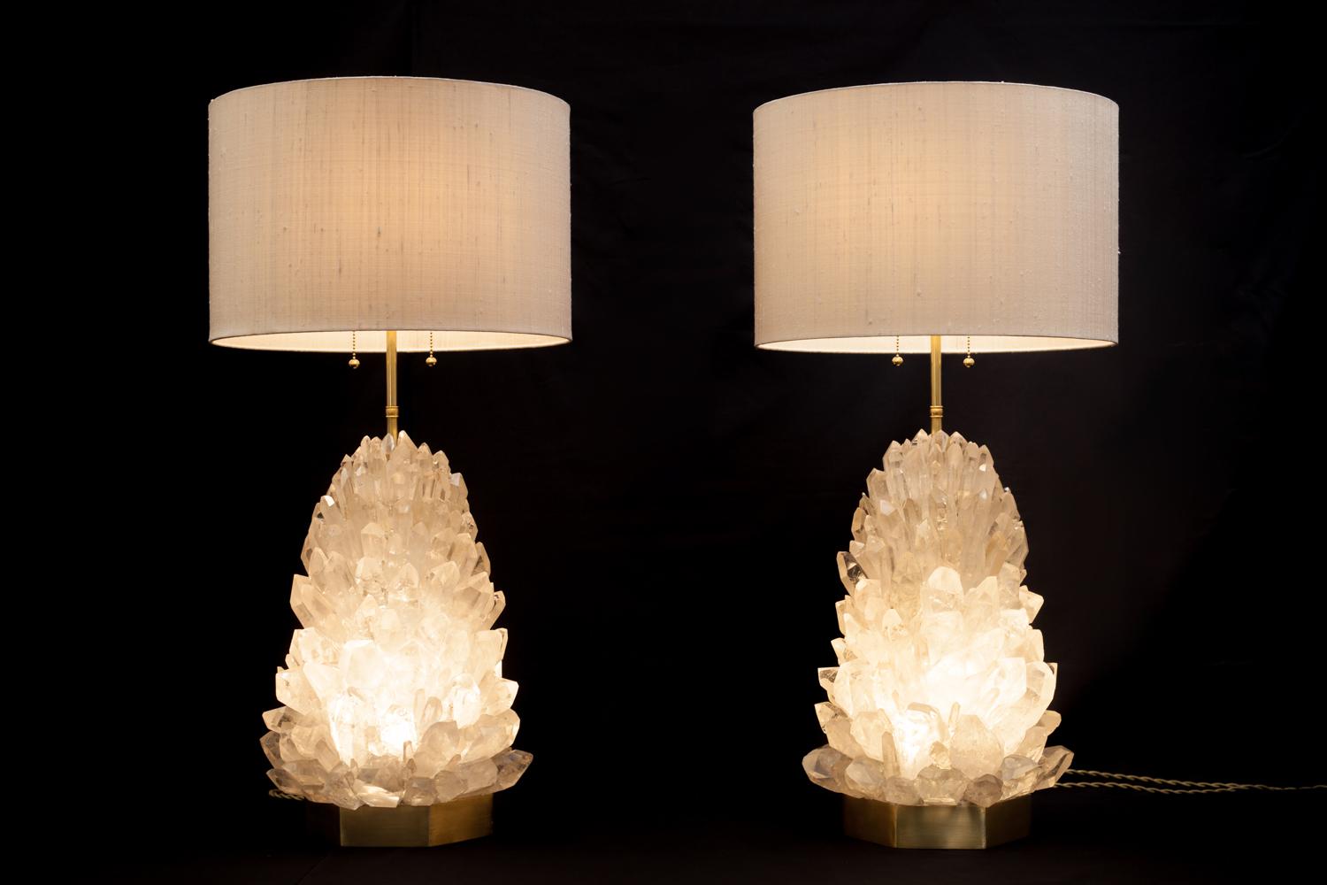Contemporary Pair of Natural Crystal Table Lamps, Signed by Demian Quincke