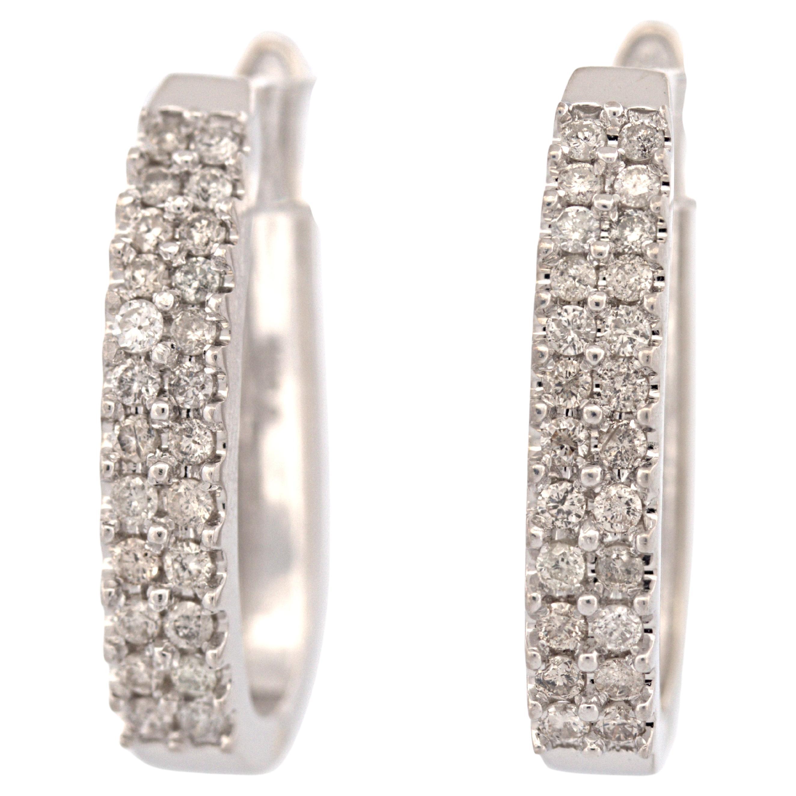 Pair of Natural Diamond, 14K White Gold Hinged Hoop Earrings For Sale