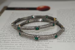 Pair of natural Diamond emerald sterling silver hinge bracelet oxidized silver