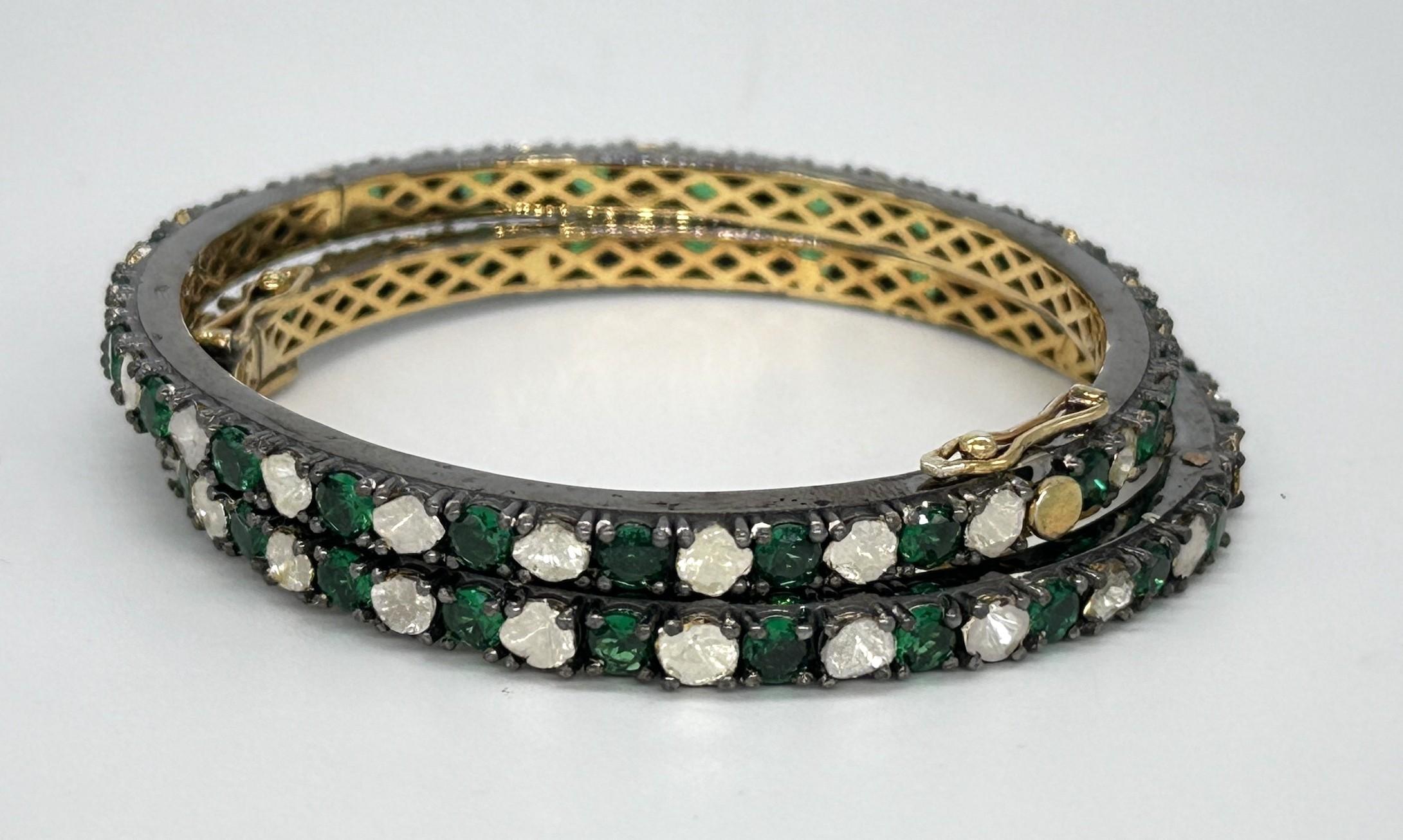 Pair of natural Diamond emerald sterling silver hinge bracelet Yellow Gold plate For Sale 4