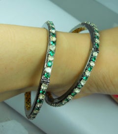 Pair of natural Diamond emerald sterling silver hinge bracelet Yellow Gold plate
