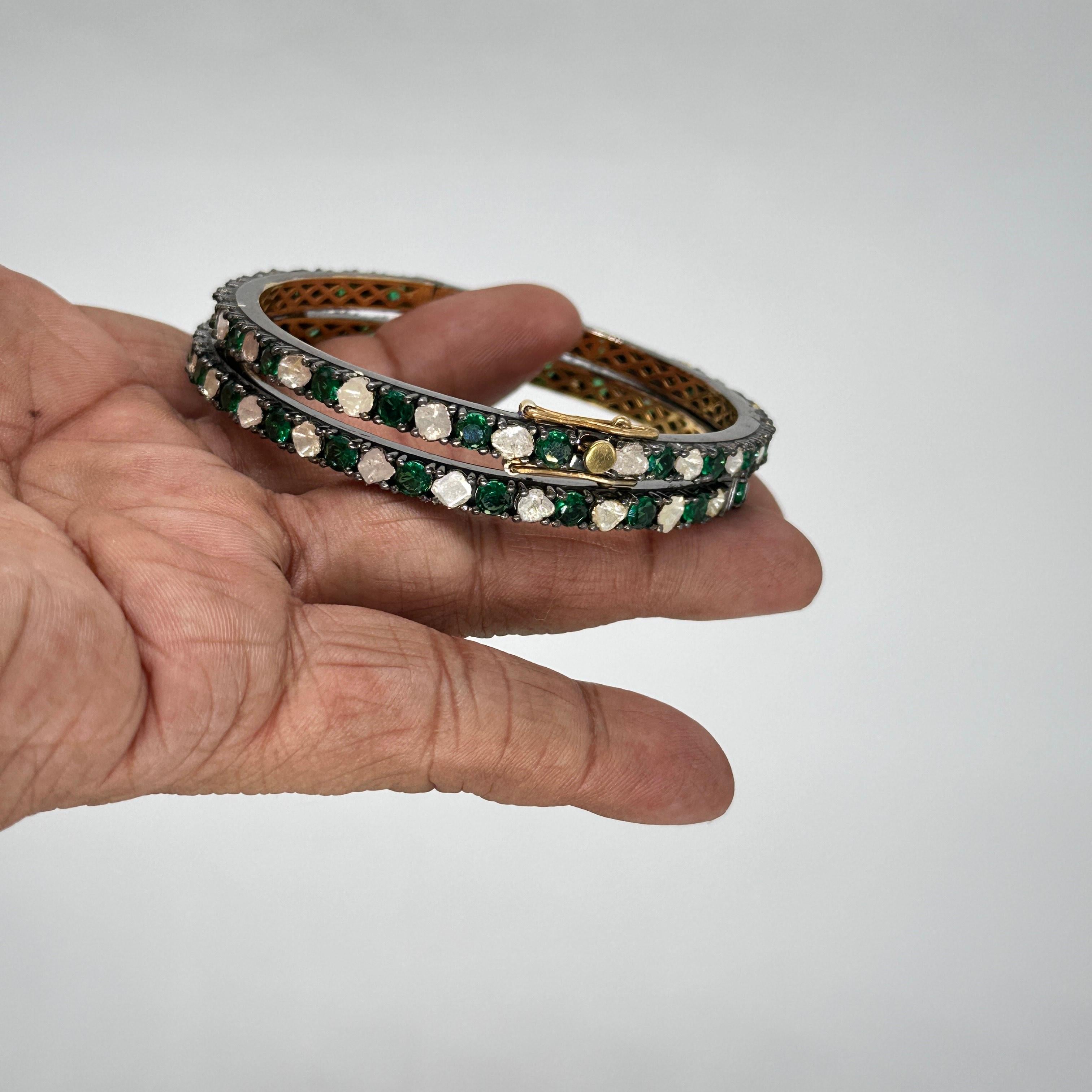 Art Nouveau Pair of natural Diamond emerald sterling silver hinge bracelet Yellow Gold plate For Sale