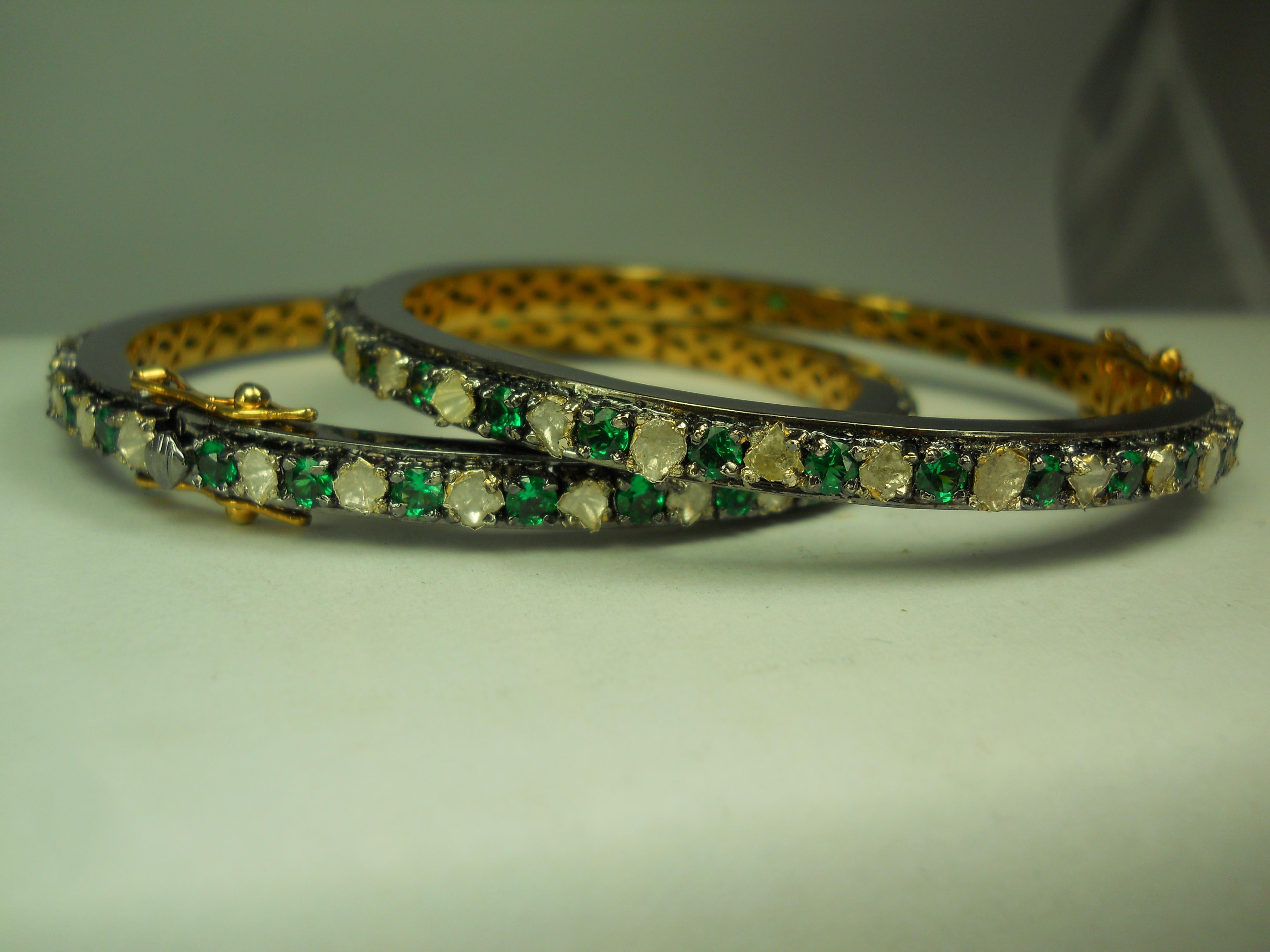Uncut Pair of natural Diamond emerald sterling silver hinge bracelet Yellow Gold plate For Sale