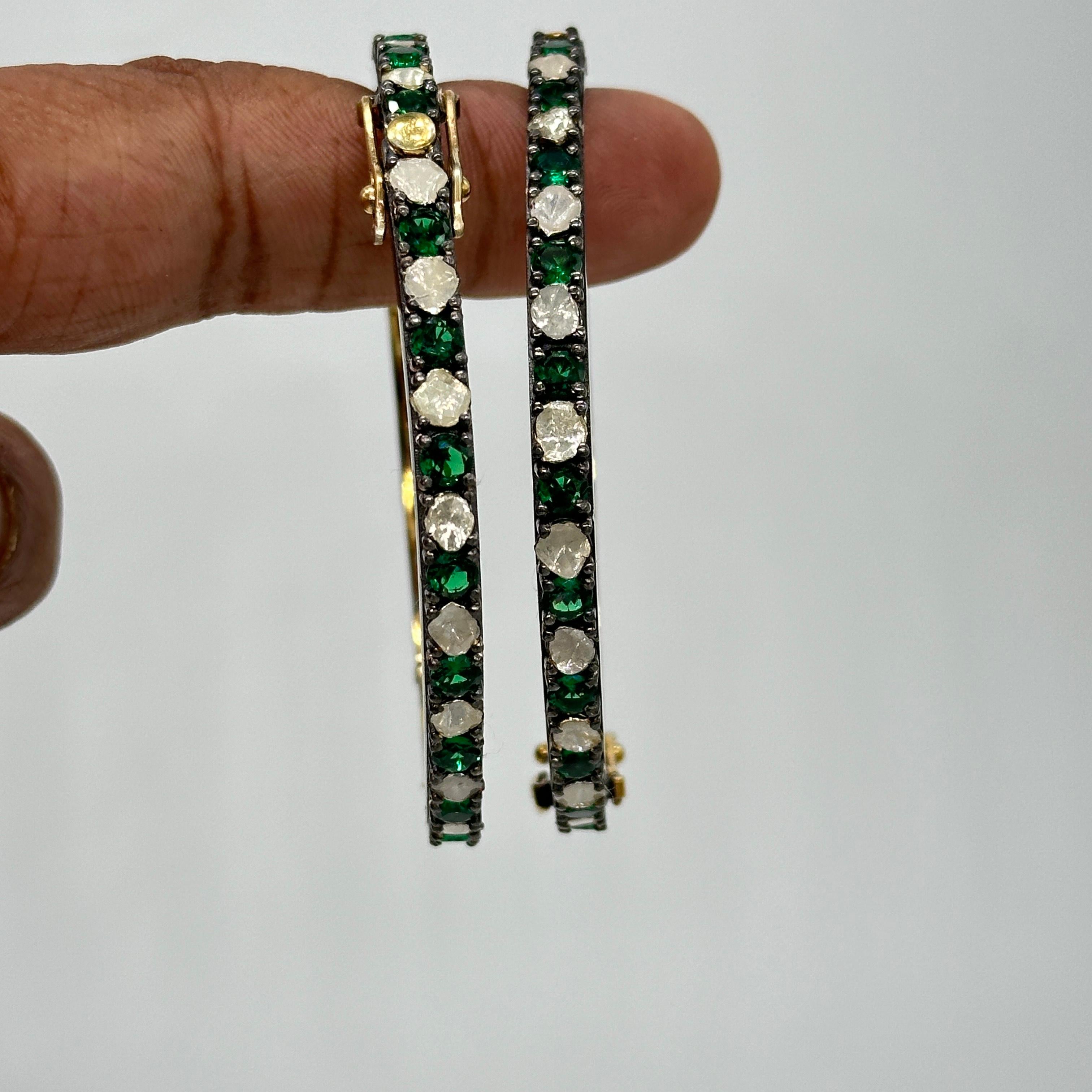 Uncut Pair of natural Diamond emerald sterling silver hinge bracelet Yellow Gold plate For Sale