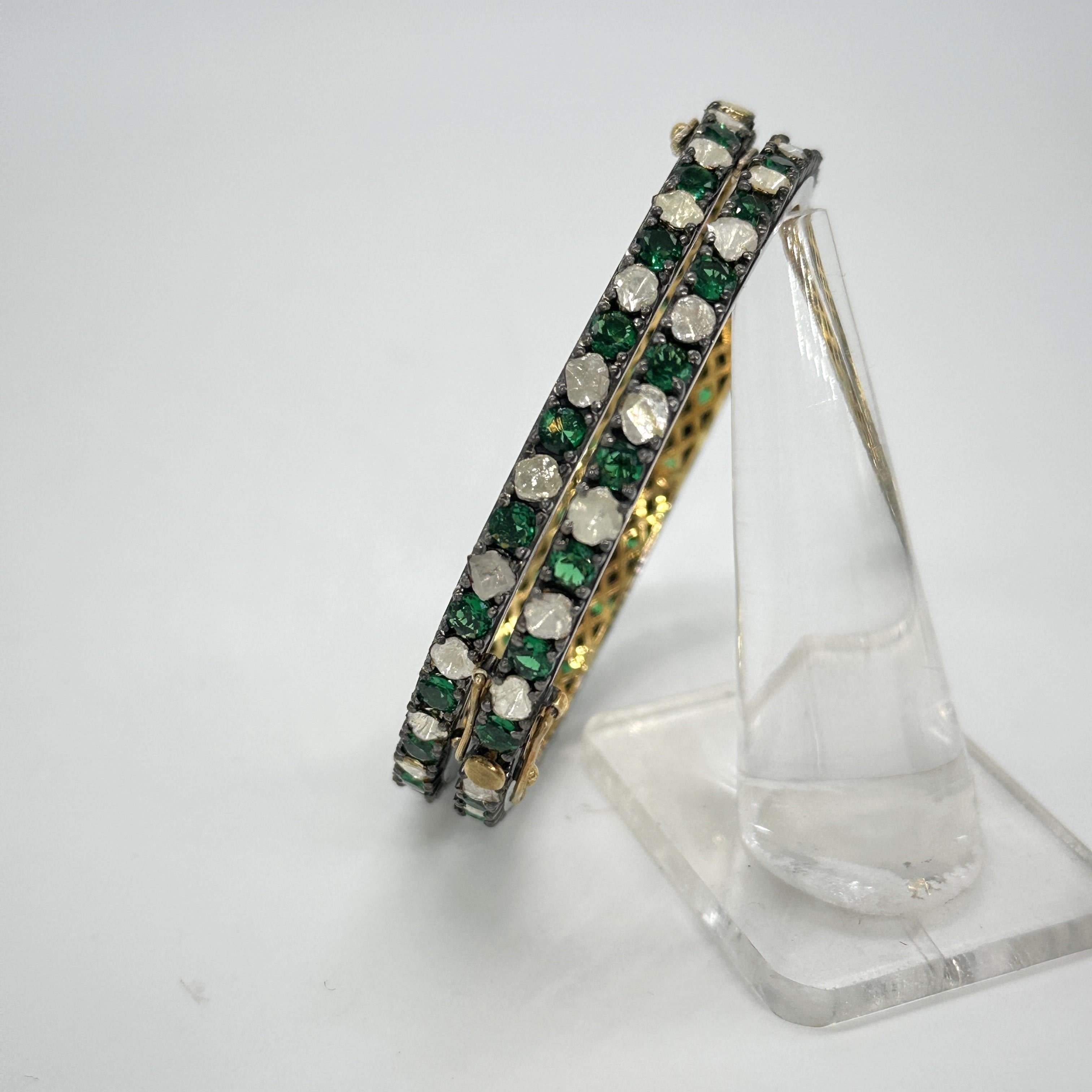 Women's or Men's Pair of natural Diamond emerald sterling silver hinge bracelet Yellow Gold plate For Sale