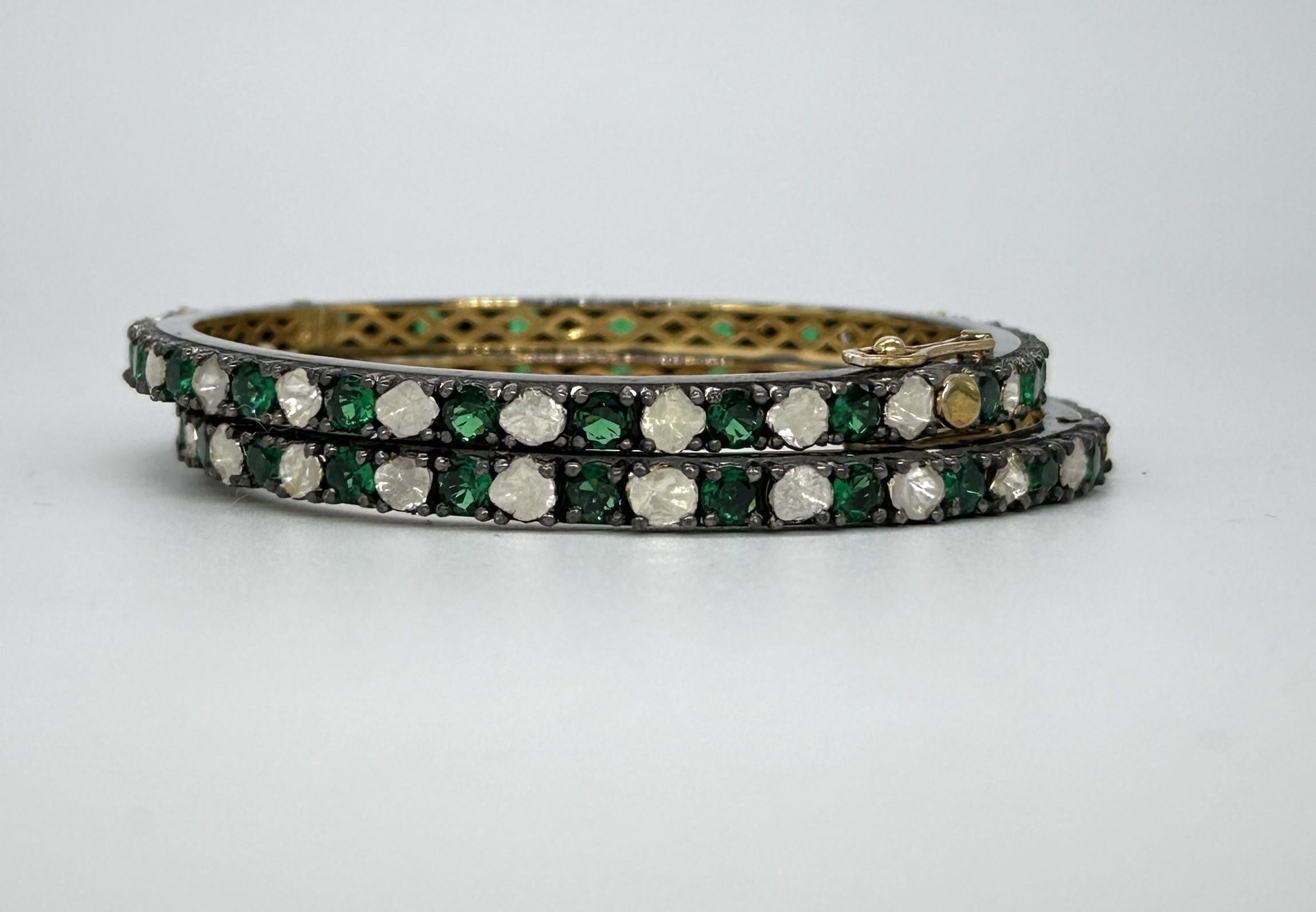 Pair of natural Diamond emerald sterling silver hinge bracelet Yellow Gold plate For Sale 1
