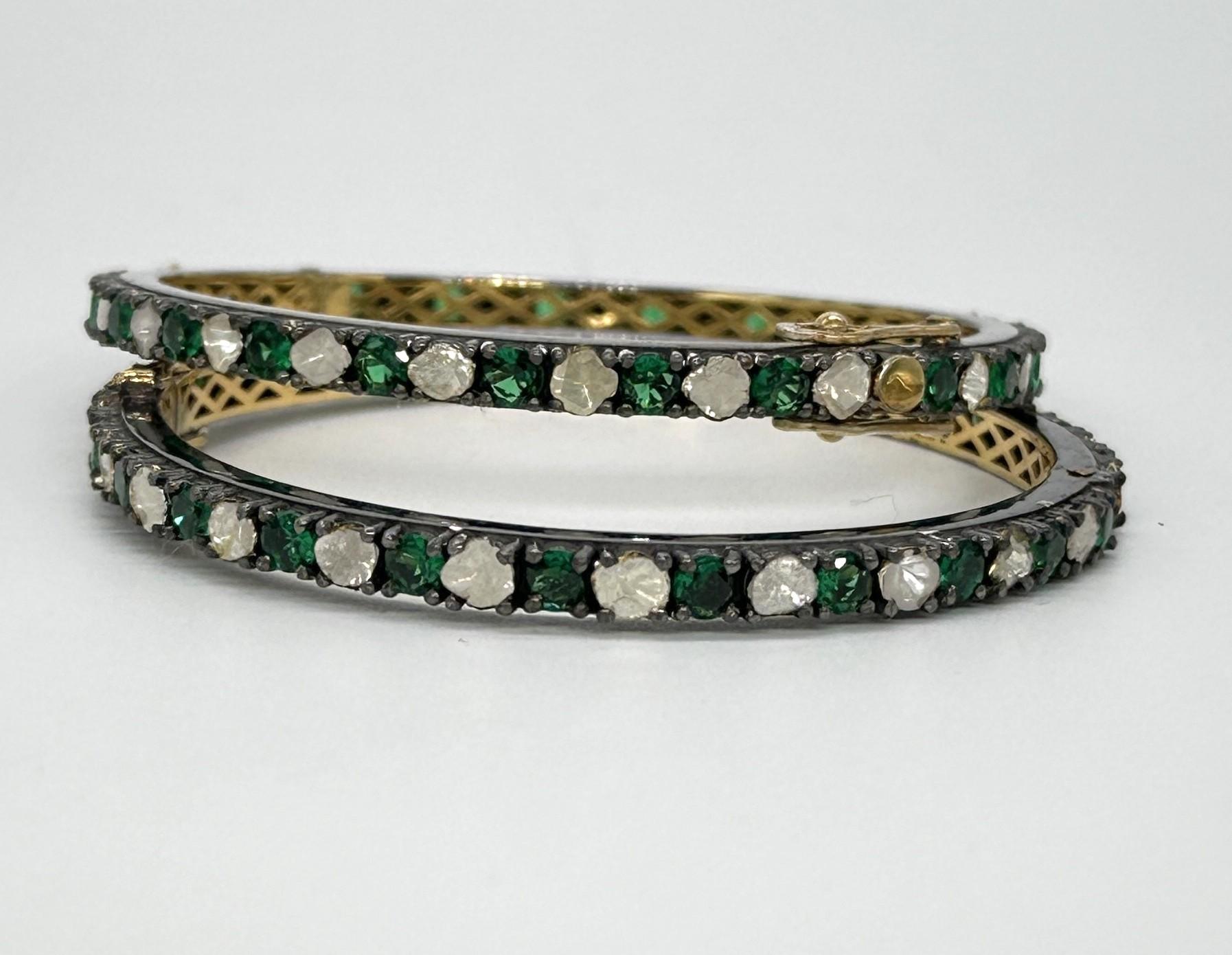 Pair of natural Diamond emerald sterling silver hinge bracelet Yellow Gold plate For Sale 2