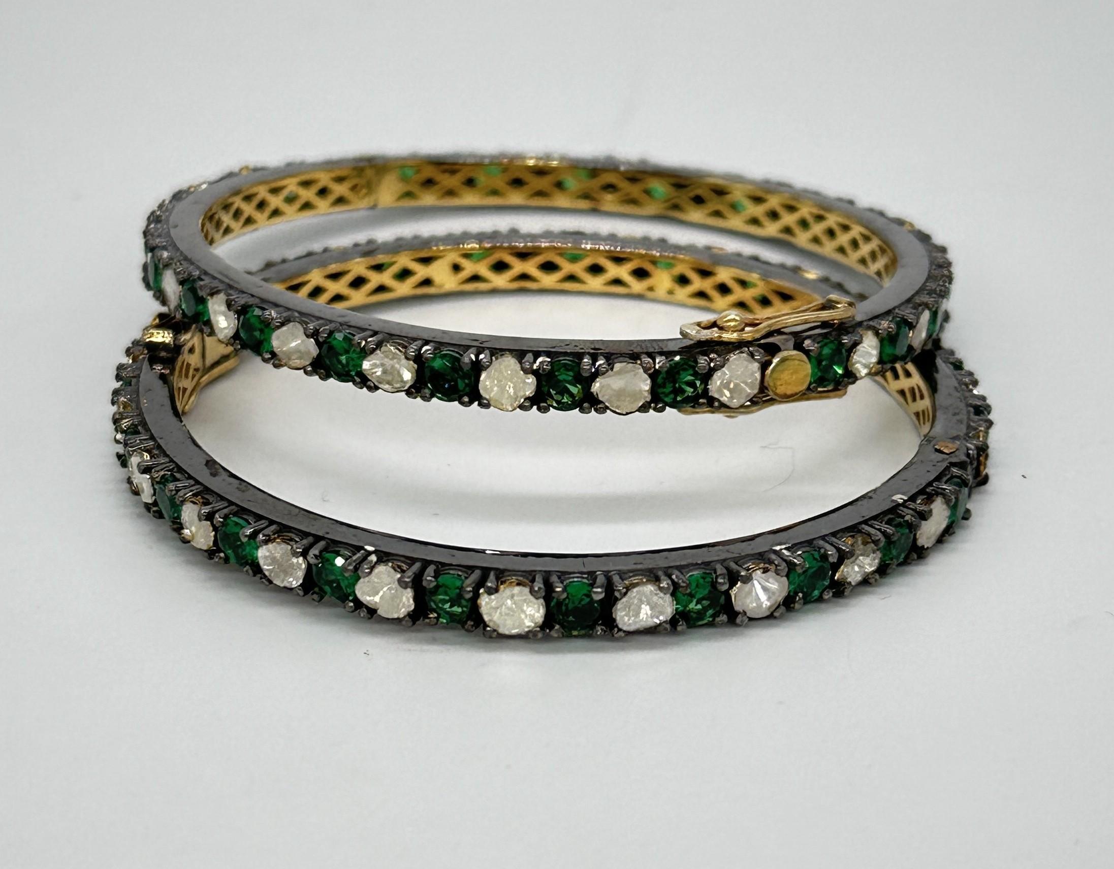 Pair of natural Diamond emerald sterling silver hinge bracelet Yellow Gold plate For Sale 3
