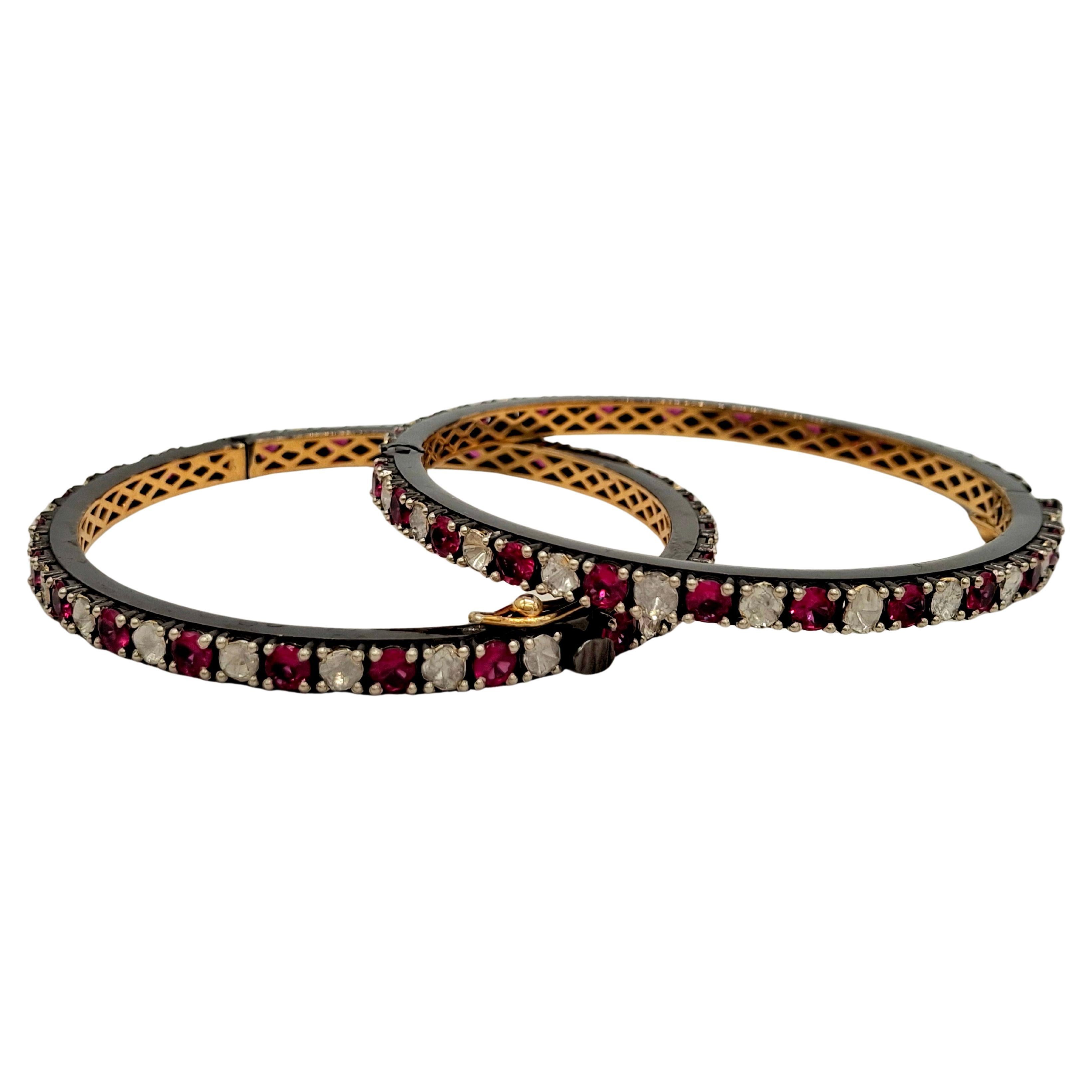 Paire de Bracelet à charnière en argent Sterling Ruby Diamant naturel Plaque d
or jaune