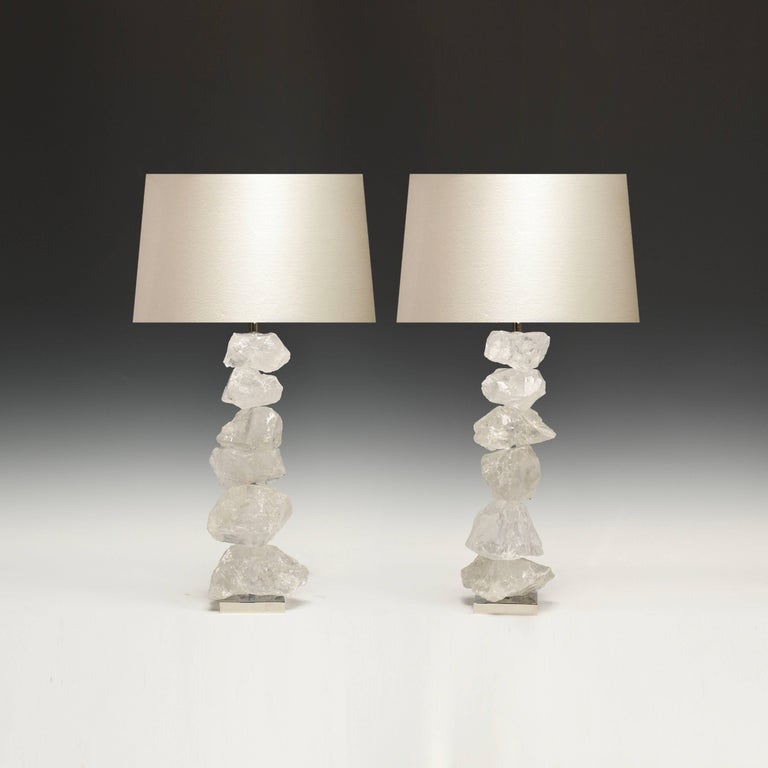 Pair of natural form rock crystal lamps with nickel-plated bases. 
To the top of the rock crystal: 17