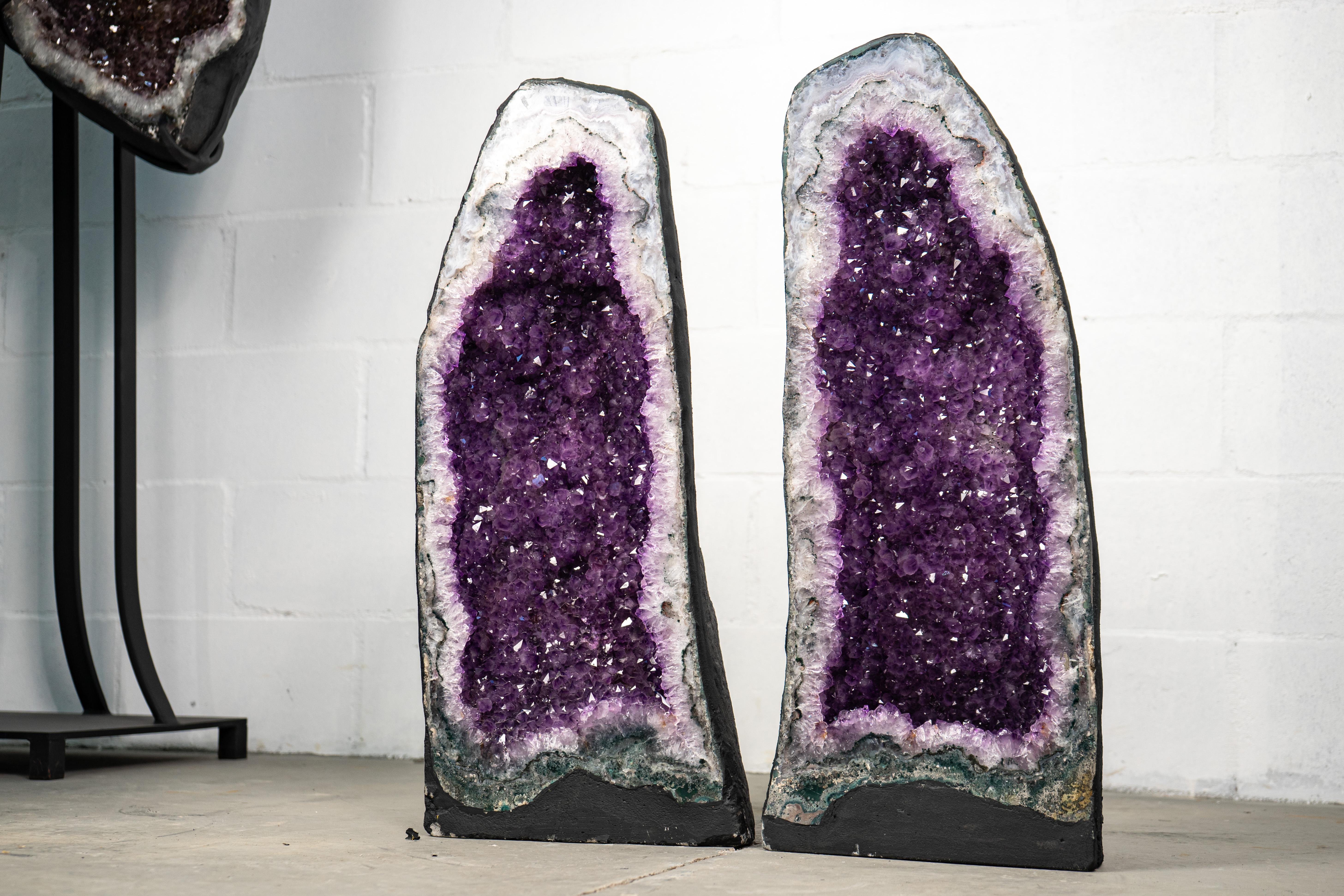 Crystal Pair of Natural Galaxy Purple Amethyst Geodes For Sale
