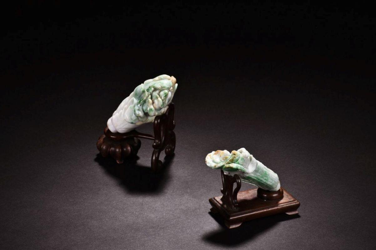 Artisan Pair of Natural Jadeite Chinese Cabbage Carvings For Sale