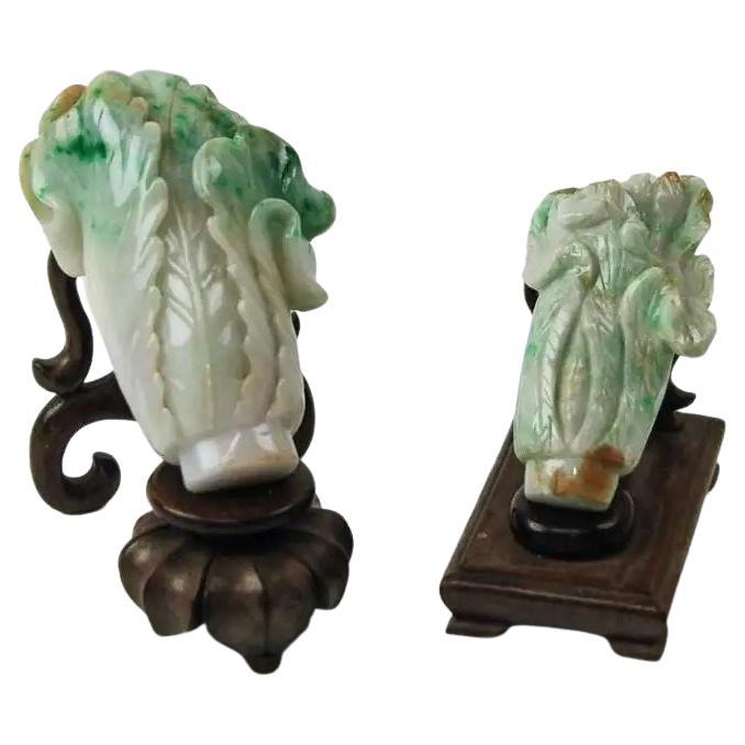 Pair of Natural Jadeite Chinese Cabbage Carvings