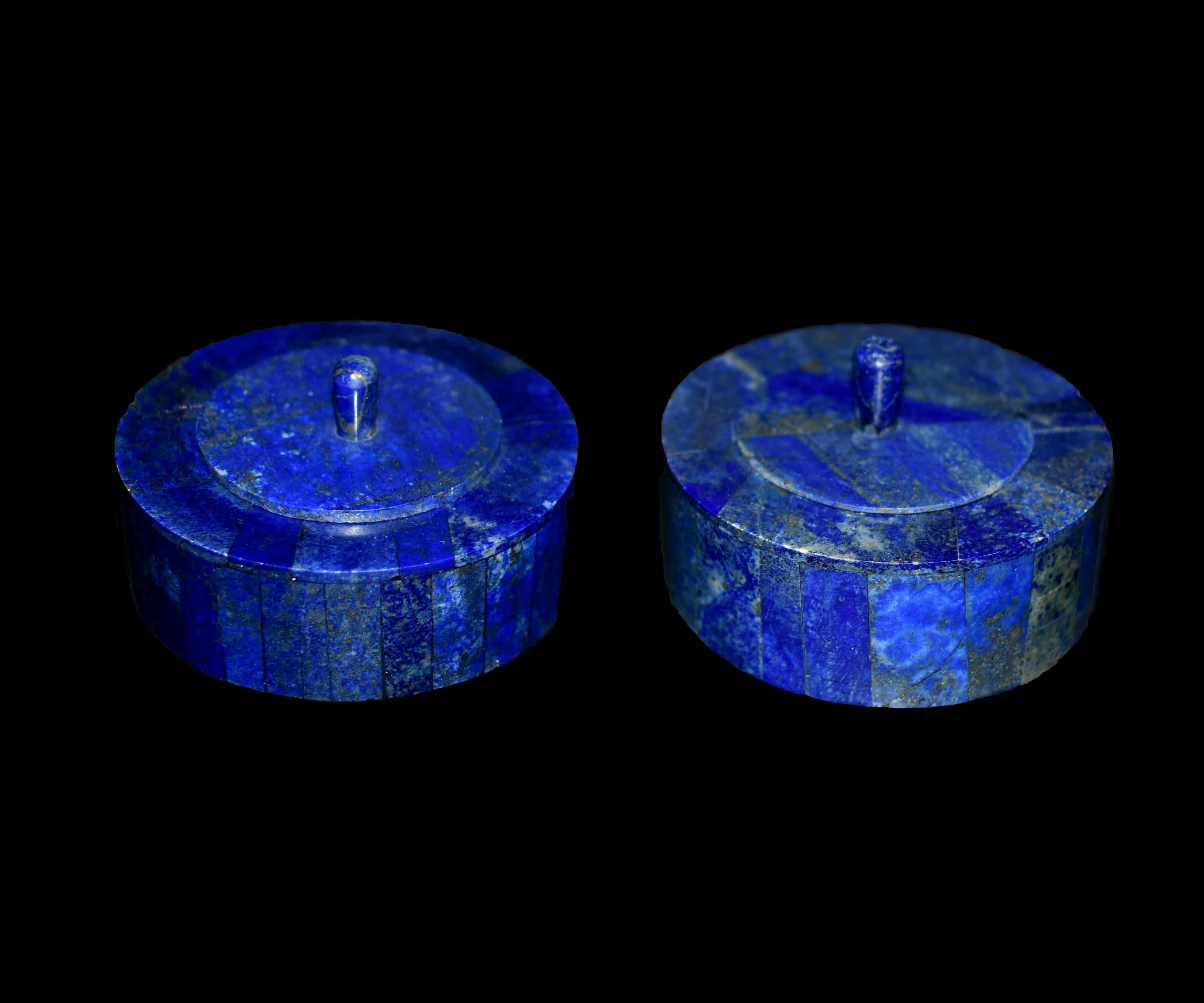 Beautiful all natural lapis lazuli round boxes with white carrara marble. Finest grade AAA lapis gemstone in highly saturated royal blue sprinkled with glittering gold pyrite flecks. Elegant, timeless design and superb hand made craftsmanship. Total