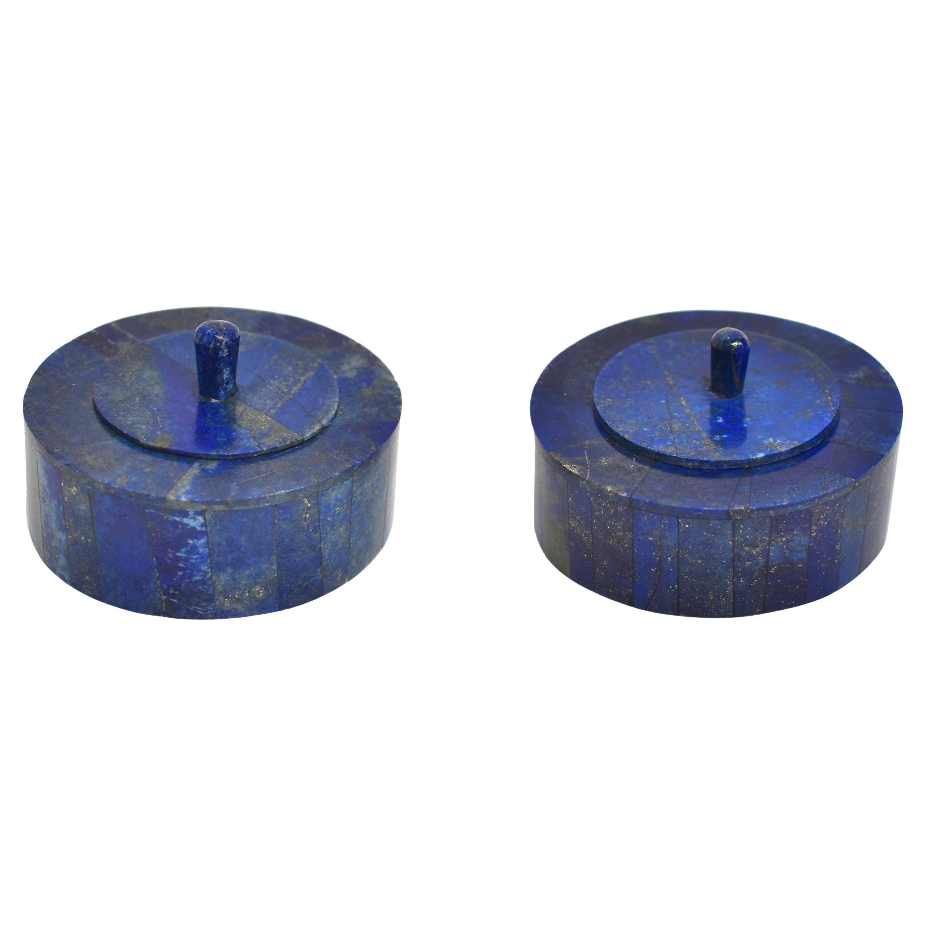 Pair of Natural Lapis Lazuli Round Boxes For Sale