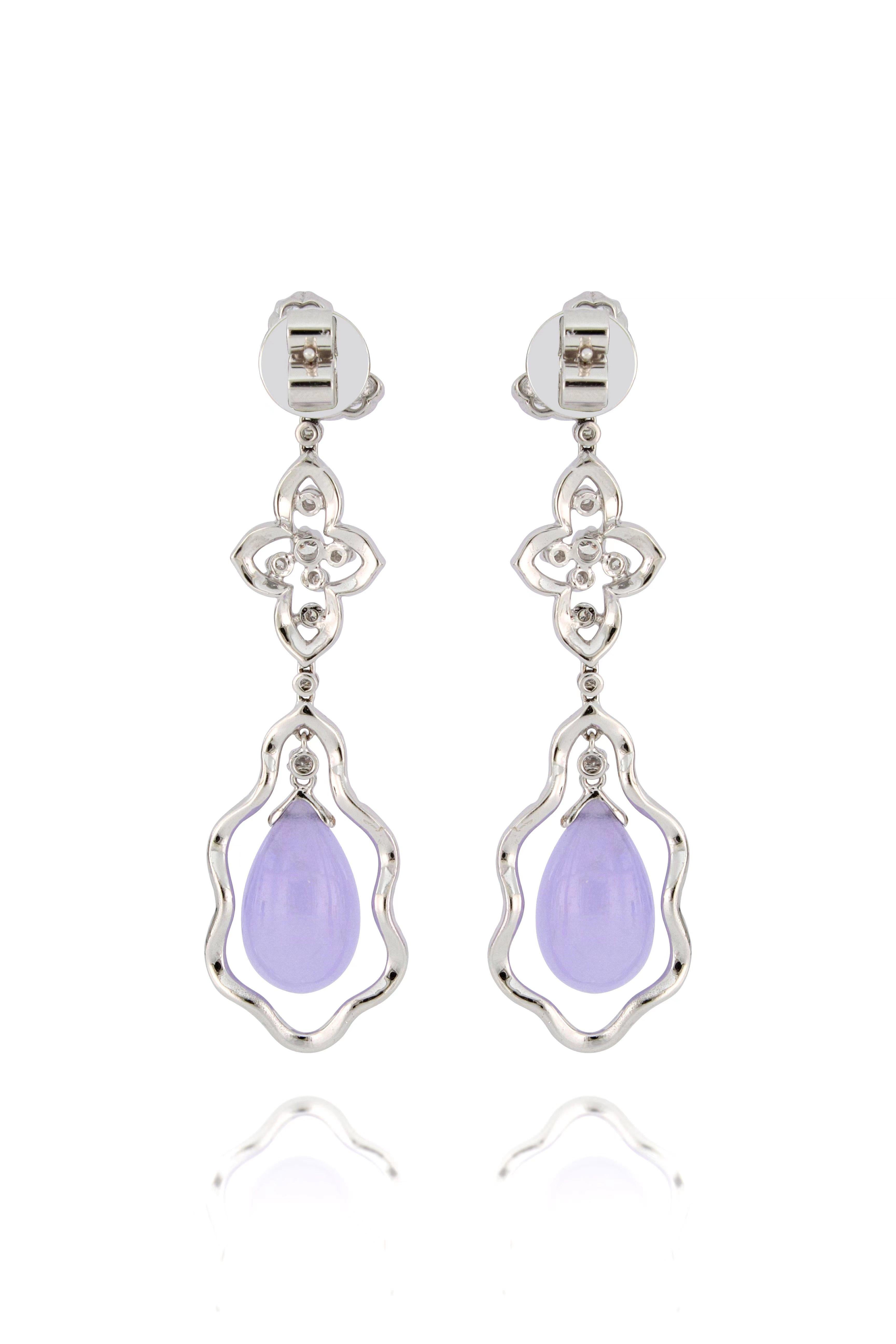 Pair of Natural Lavender Jadeite and Diamond Earrings in 18 Karat White Gold For Sale 1