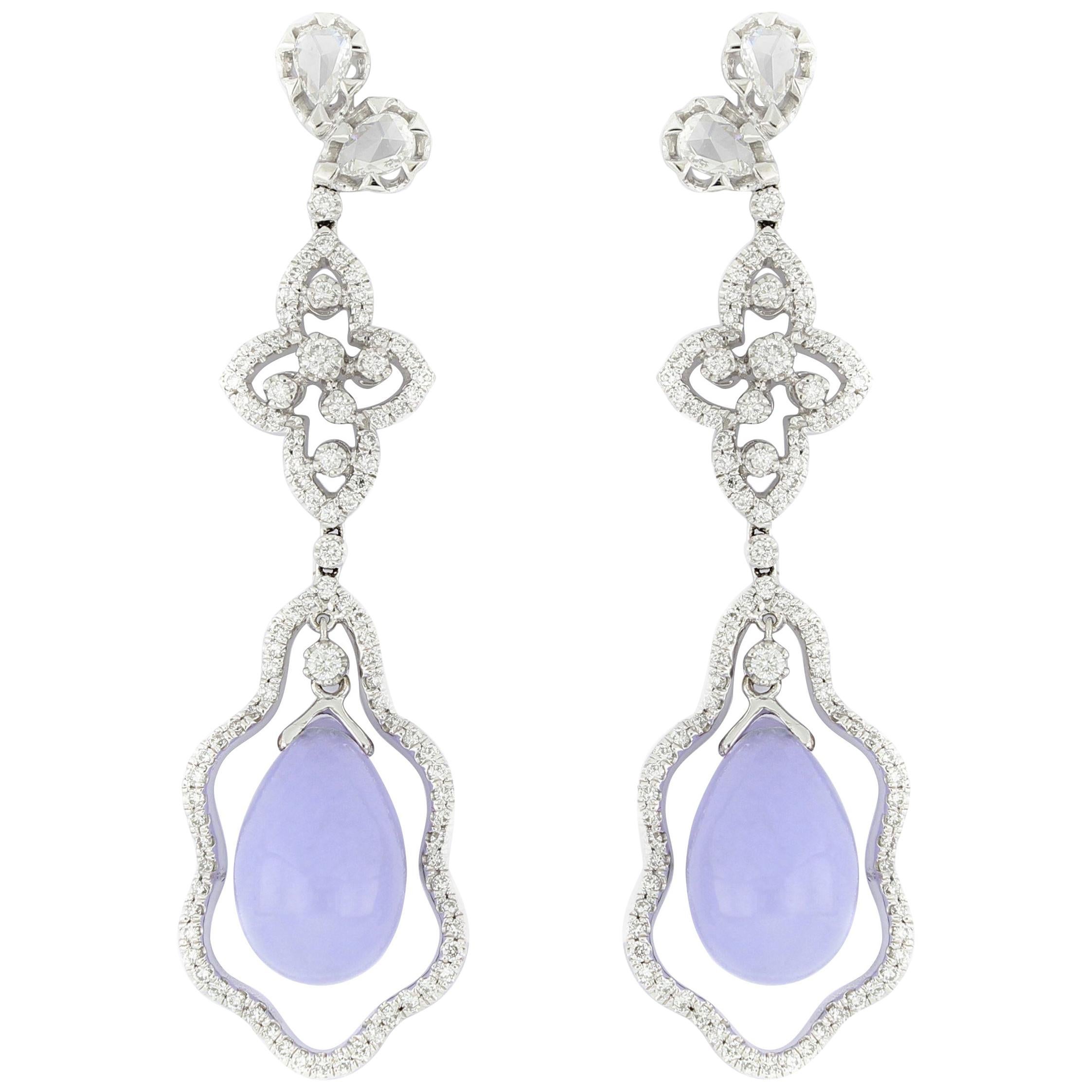 Pair of Natural Lavender Jadeite and Diamond Earrings in 18 Karat White Gold