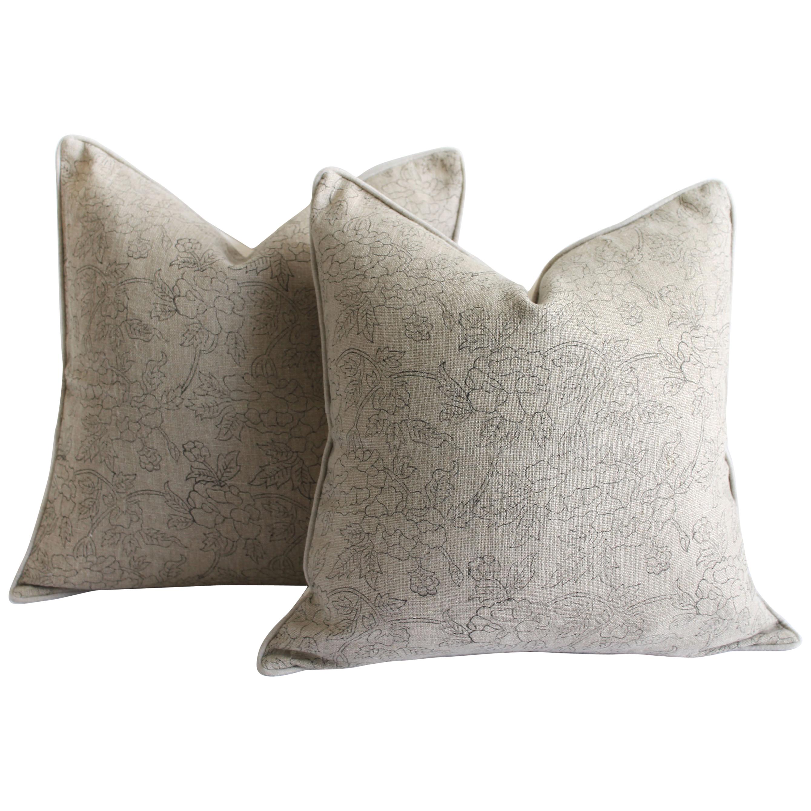 Pair of Natural Linen Floral Accent Pillow Covers