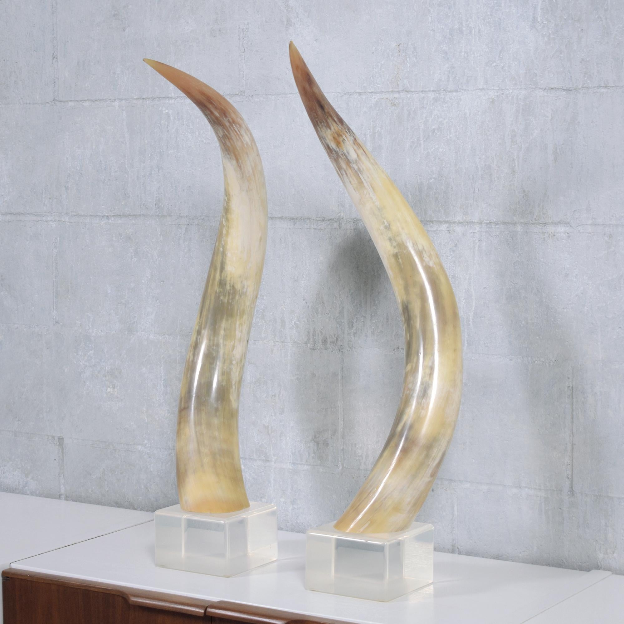 Peppen Sie Ihre Einrichtung mit diesem schicken Paar montierter Horn-Skulpturen auf, die jeweils auf einem runden Holzsockel stehen. Diese exquisiten Sockel sind mit einem raffinierten Schildpattmuster handbemalt und mit geschmackvollen vergoldeten
