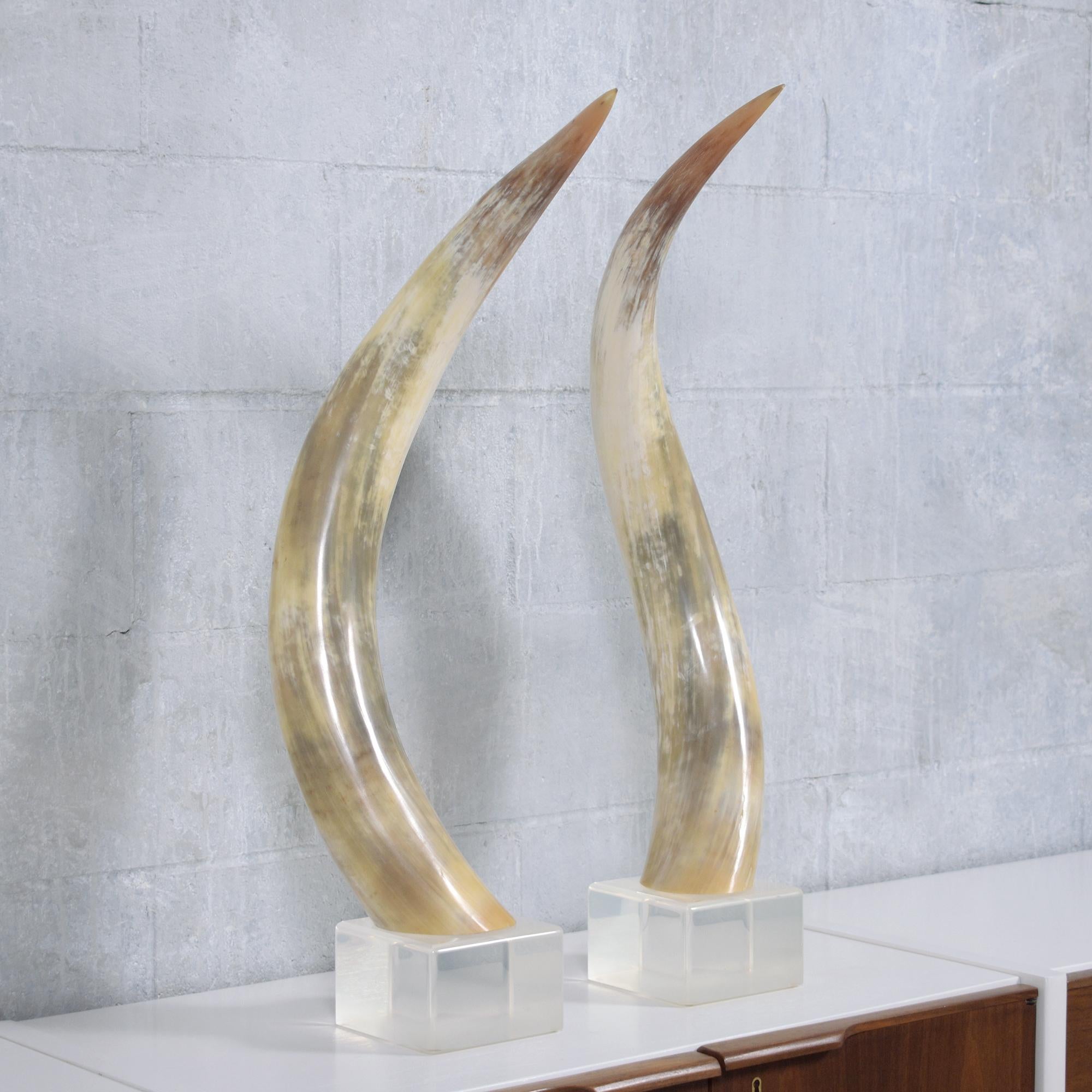 Baroque Pair of Natural Longhorn Steer on Lucite Bases For Sale
