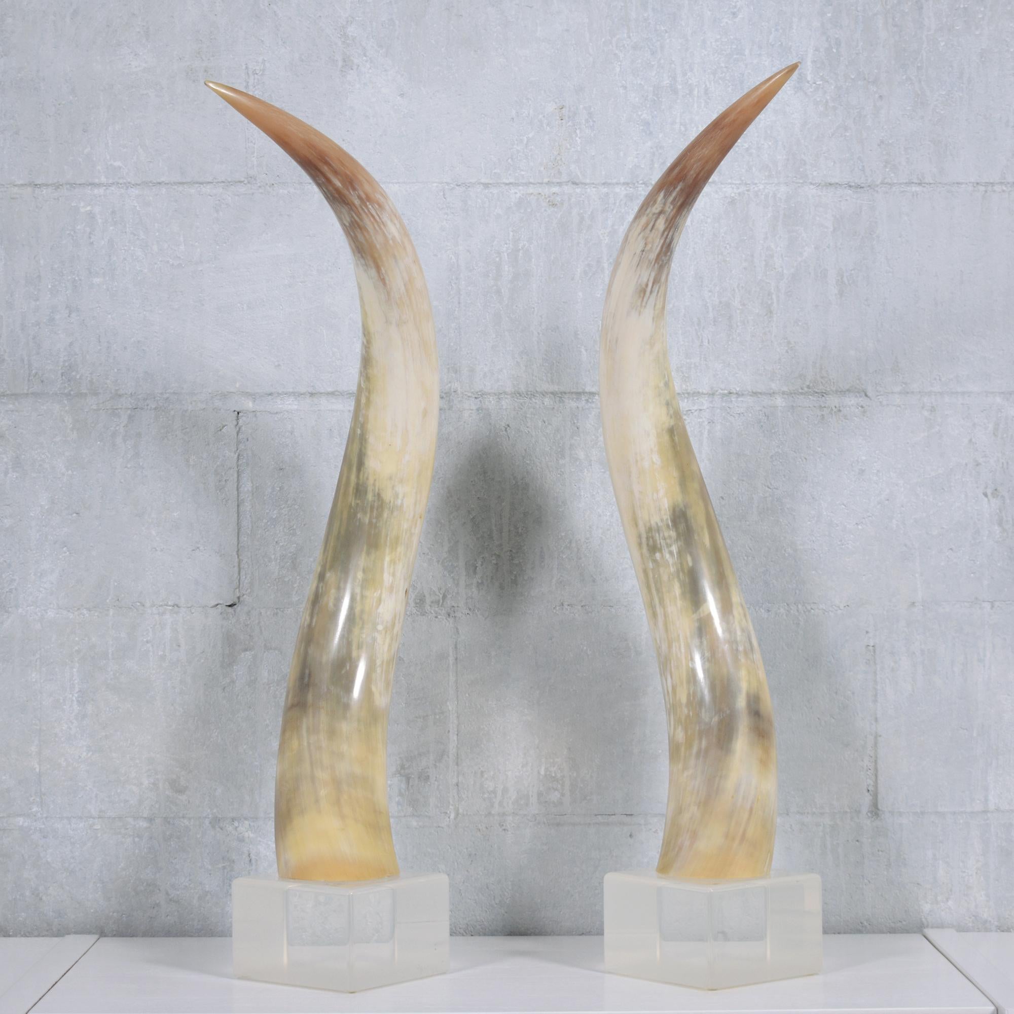 American Pair of Natural Longhorn Steer on Lucite Bases For Sale