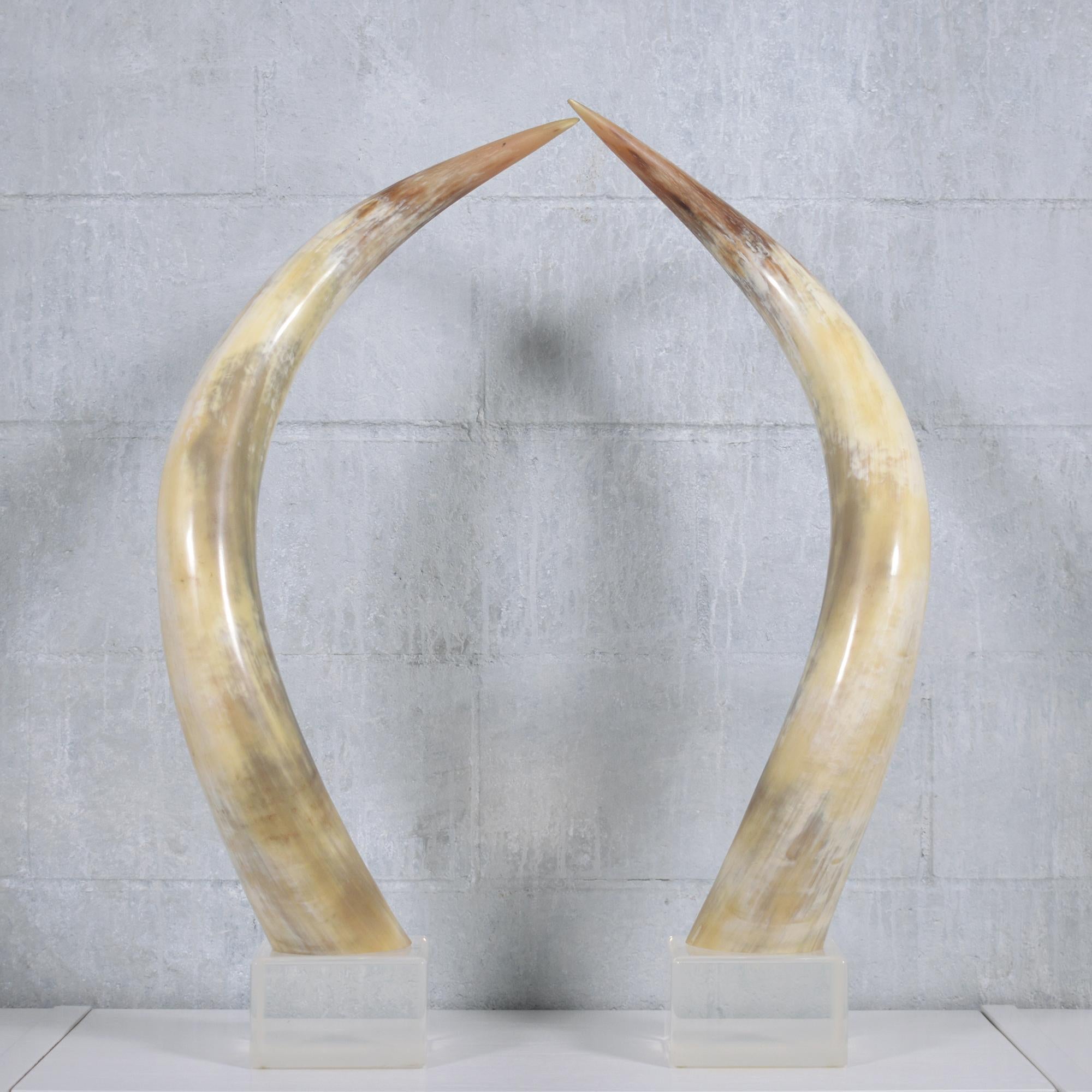 Mid-20th Century Pair of Natural Longhorn Steer on Lucite Bases For Sale