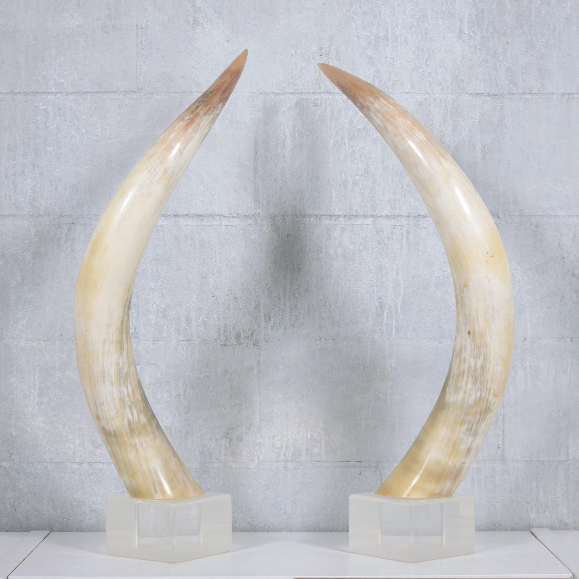Horn Pair of Natural Longhorn Steer on Lucite Bases For Sale