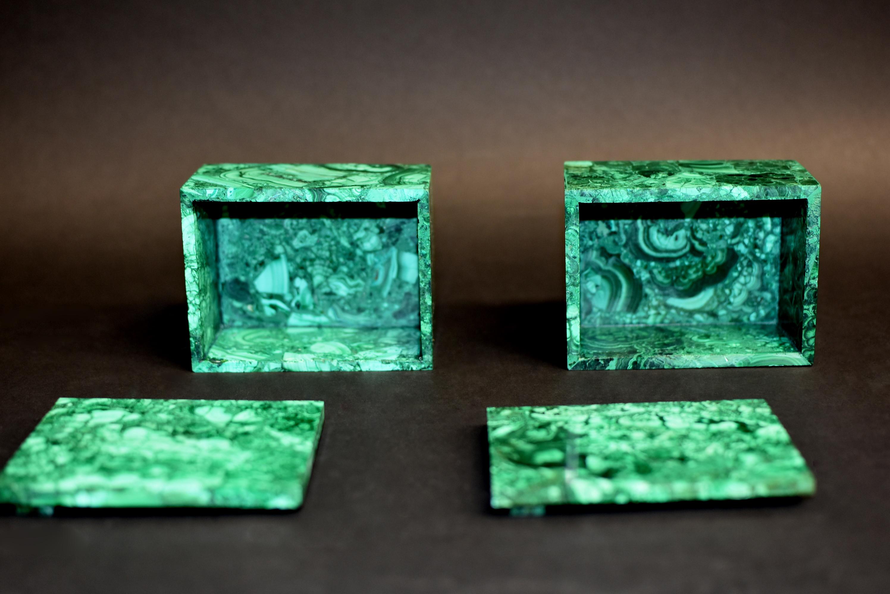 Pair of Natural Malachite Boxes Full Slabs 9