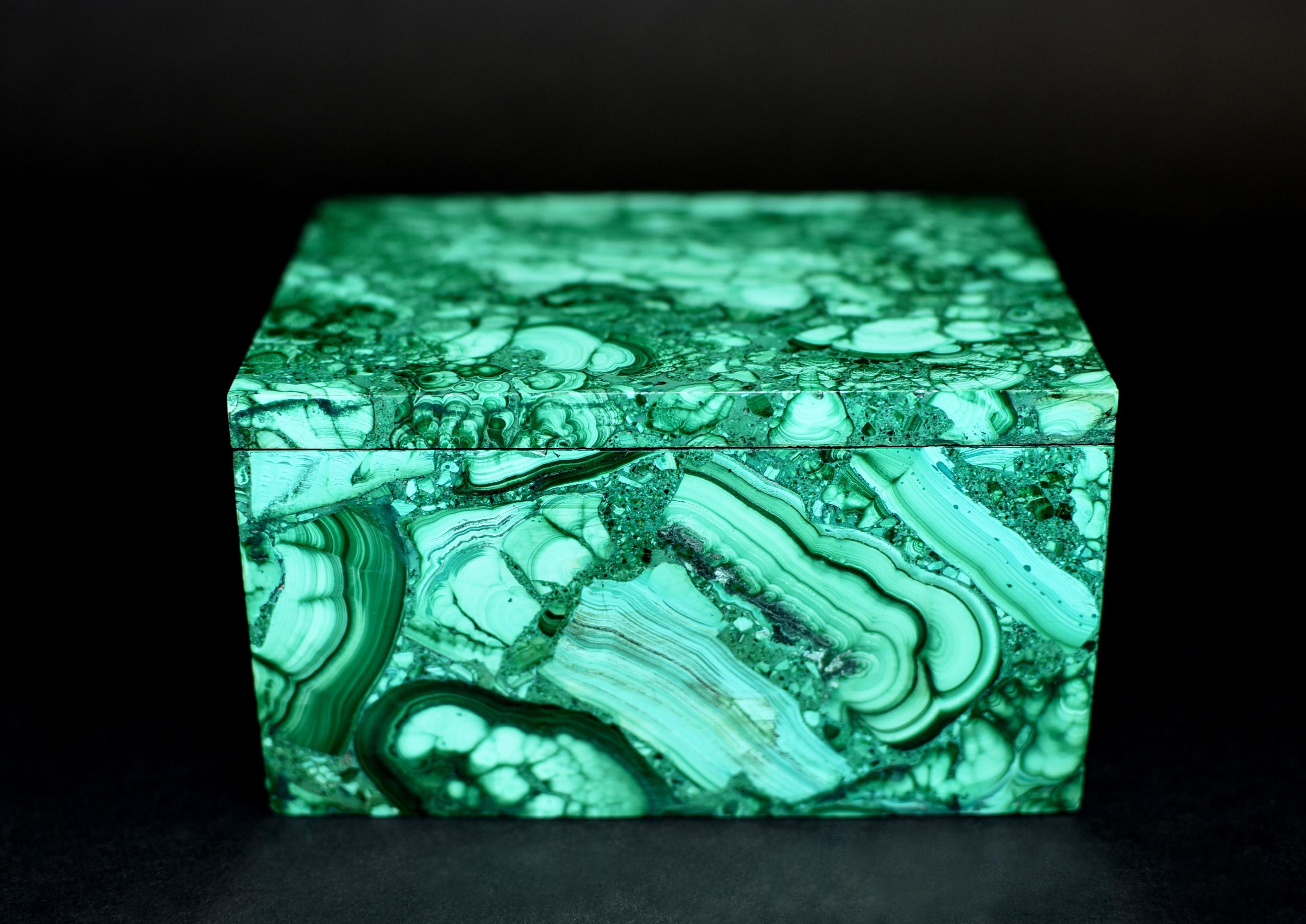 Malagasy Pair of Natural Malachite Boxes Full Slabs