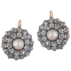 Antique Natural Pearl and Diamond Cluster Earrings