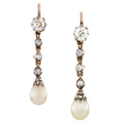 Pair of Natural Pearl and Diamond Drop Earrings