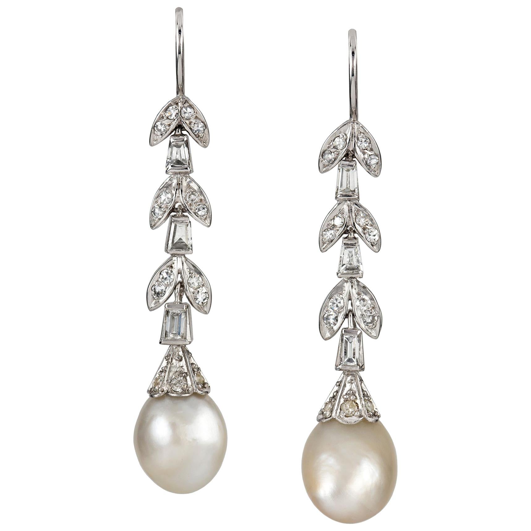 Pair of Natural Pearl and Diamond Drop Earrings For Sale