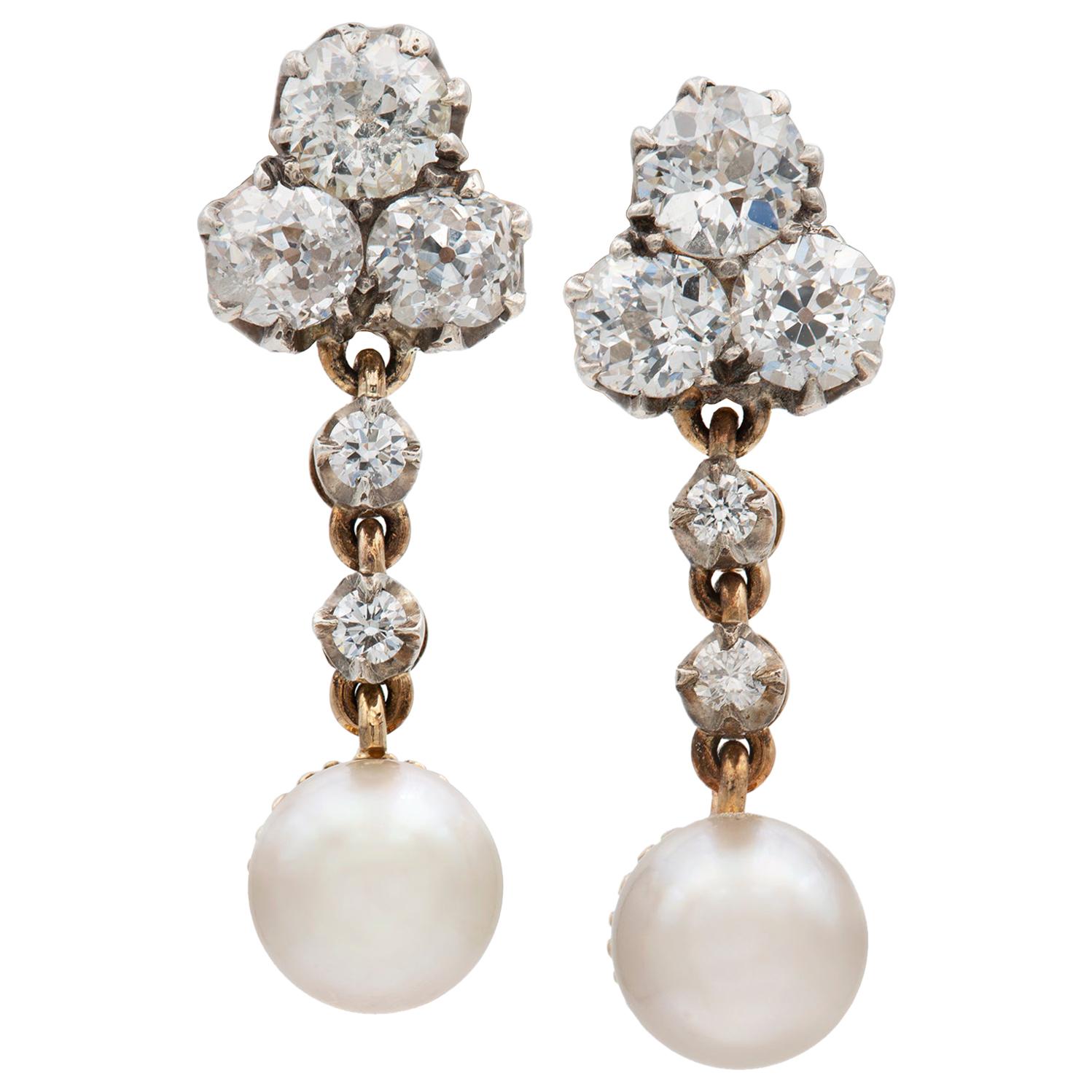 Pair of Natural Pearl and Diamond Drop Earrings
