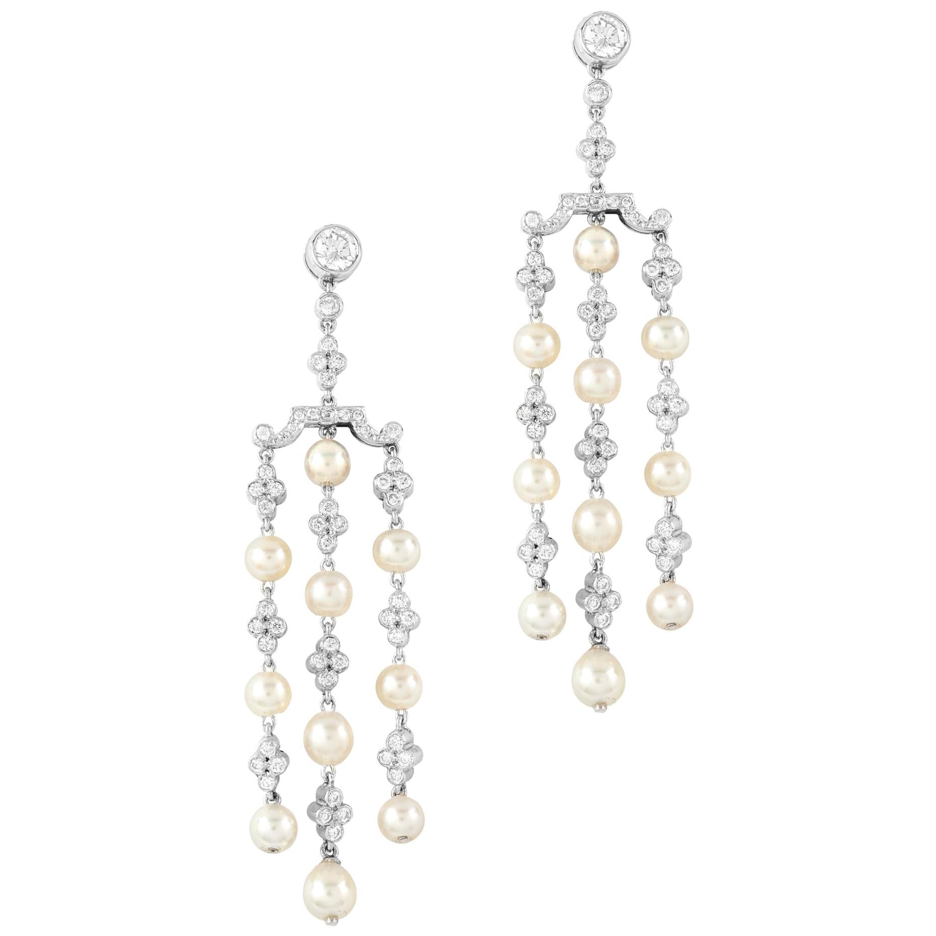 Pair of Natural Pearl and Diamond Tassel Drop Earrings For Sale