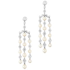 Pair of Natural Pearl and Diamond Tassel Drop Earrings