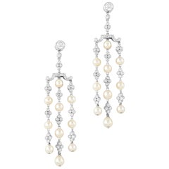Pair of Natural Pearl and Diamond Tassel Drop Earrings