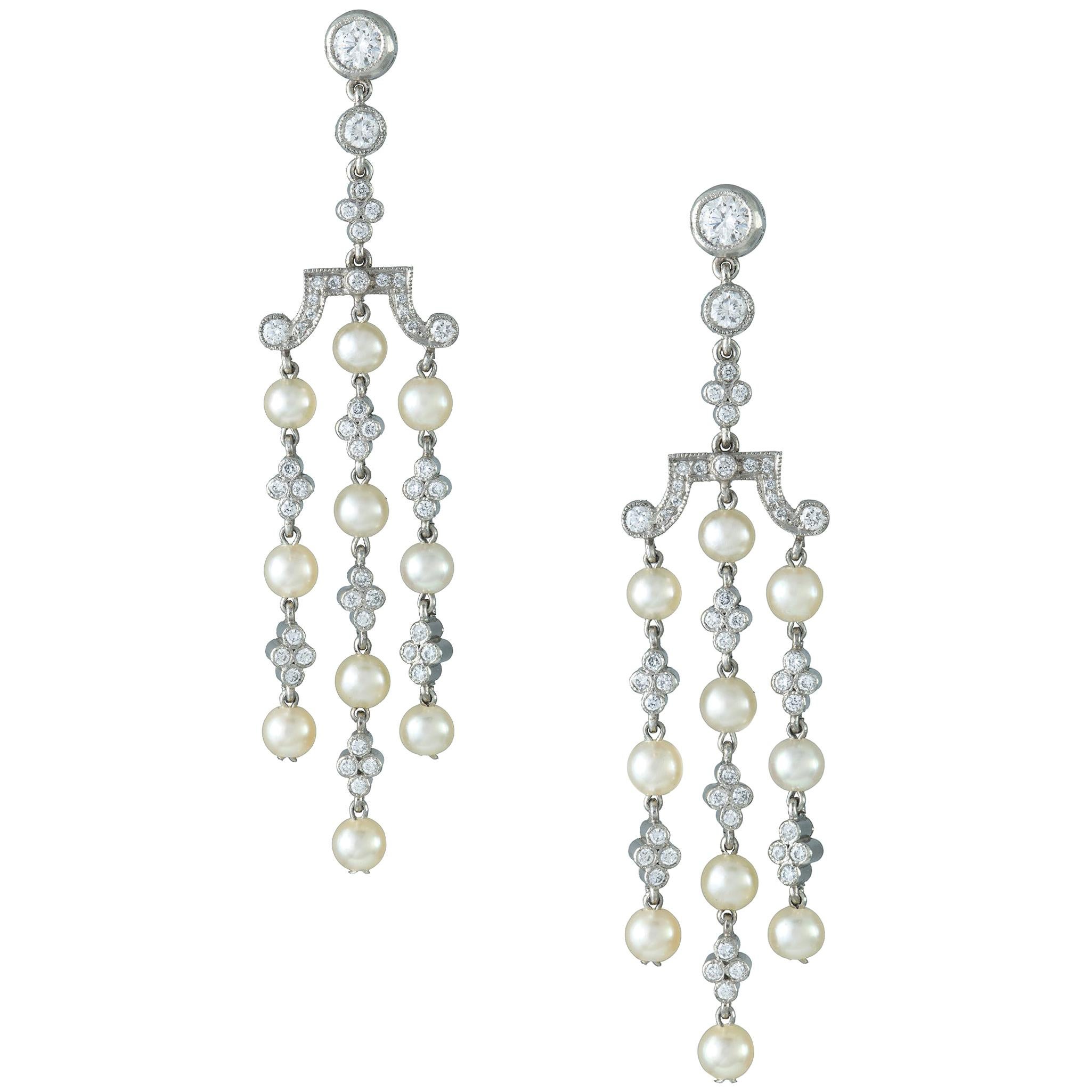 Pair of Natural Pearl and Diamond Tassel Drop Earrings For Sale