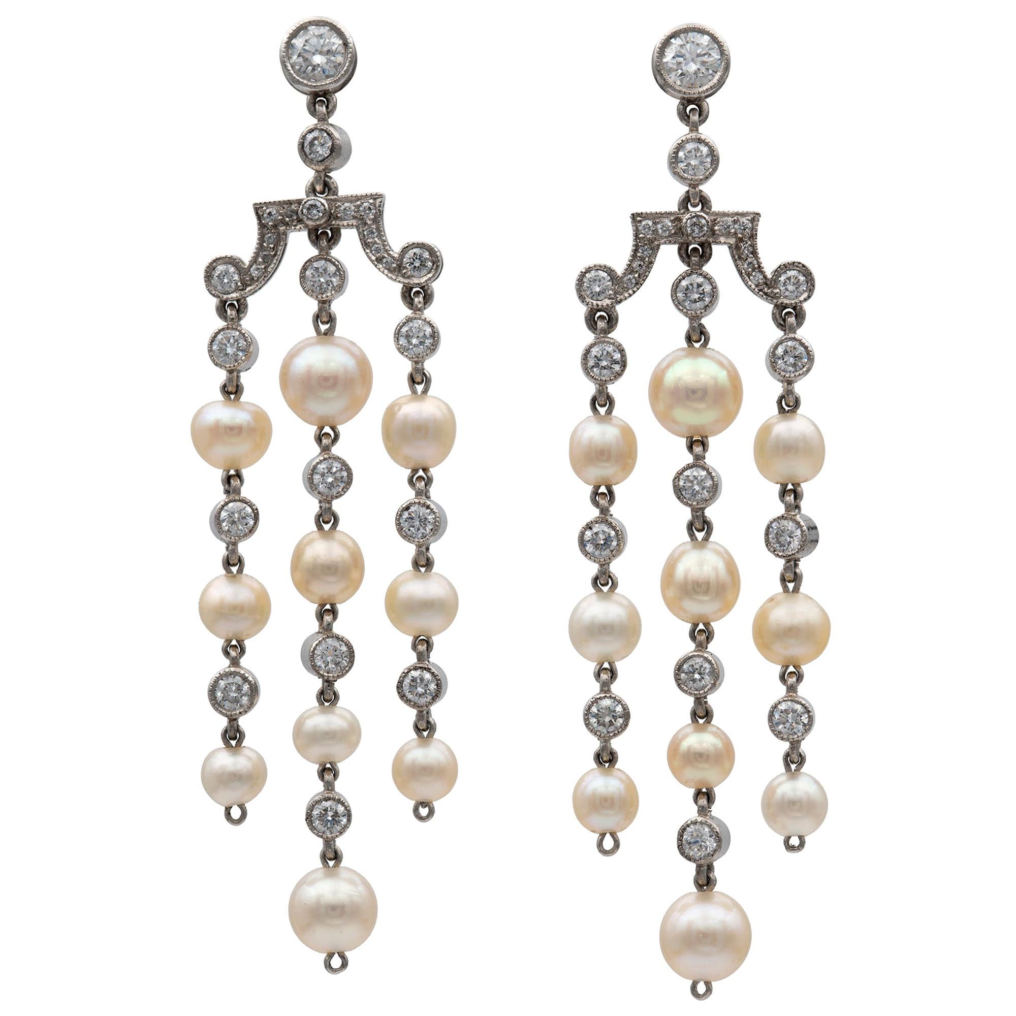 Pair of Natural Pearl and Diamond Tassel Earrings For Sale