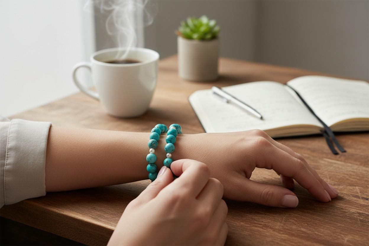 Dieses Paar aufeinander abgestimmter Armbänder besteht aus 8 mm großen, runden, natürlichen persischen Türkisperlen, die für ihre satte Farbe und organische Matrix geschätzt werden. Jedes Armband ist mit echten Süßwasserperlen (3 mm) und 2 mm großen