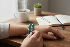 Coppia di bracciali in perline di turchese persiano naturale con perle e accenti in oro