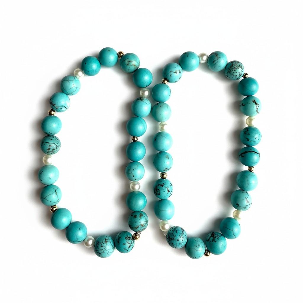 Paar Perlenarmbänder aus persischem Naturtürkis mit Perlen und Goldakzenten (Zeitgenössisch) im Angebot