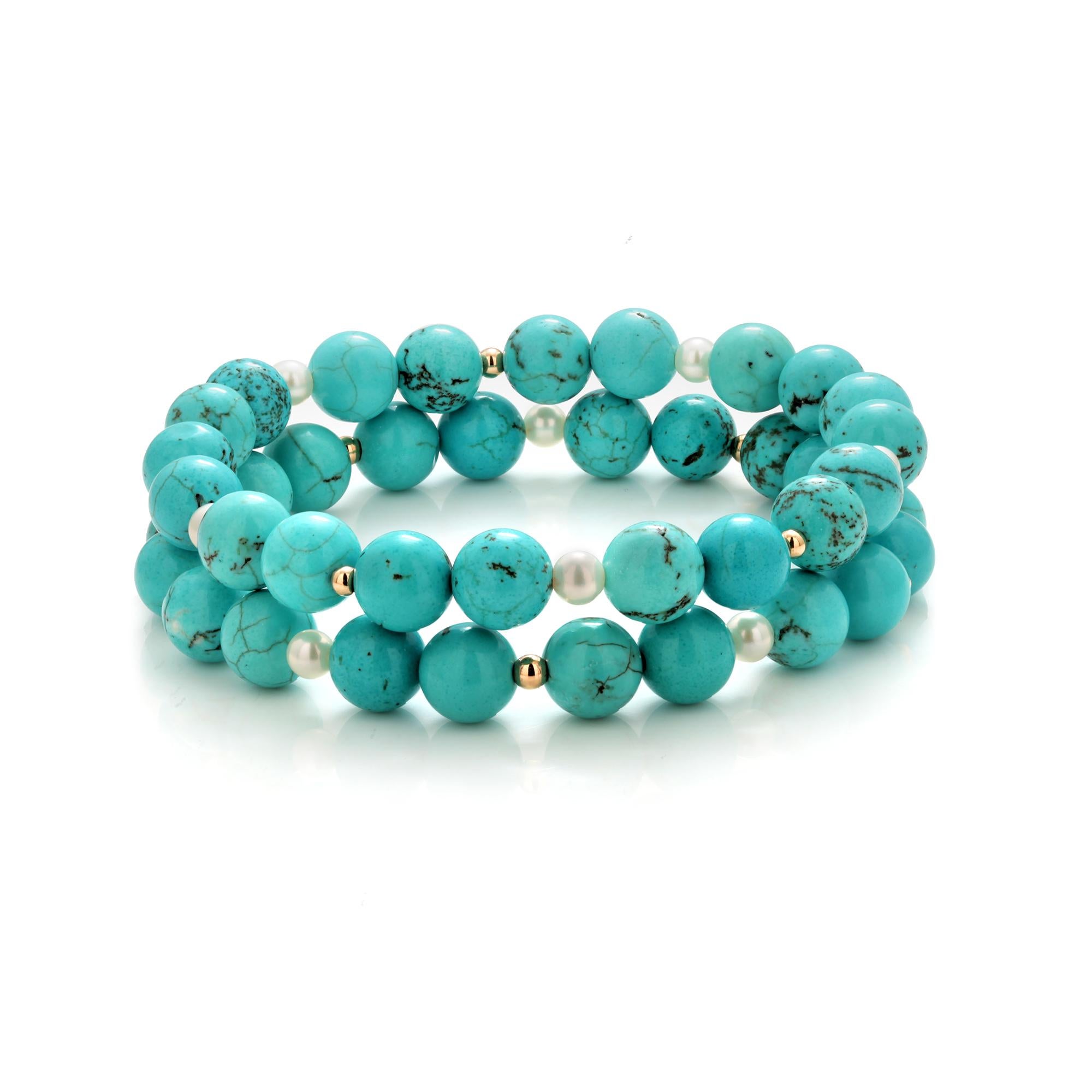 Paar Perlenarmbänder aus persischem Naturtürkis mit Perlen und Goldakzenten im Angebot 1