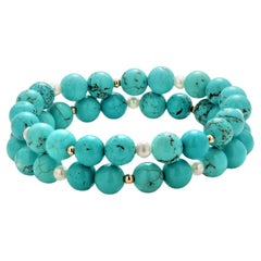 Pair of Natural Persian Turquoise Beaded Bracelets with Pearls and Gold Accents
